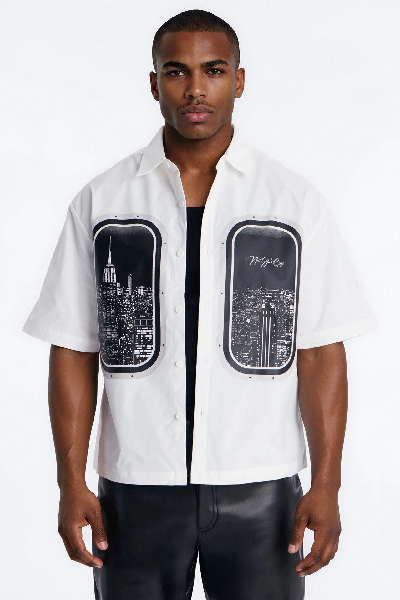 Skyline Views Short Sleeve Button Up Shirt - White