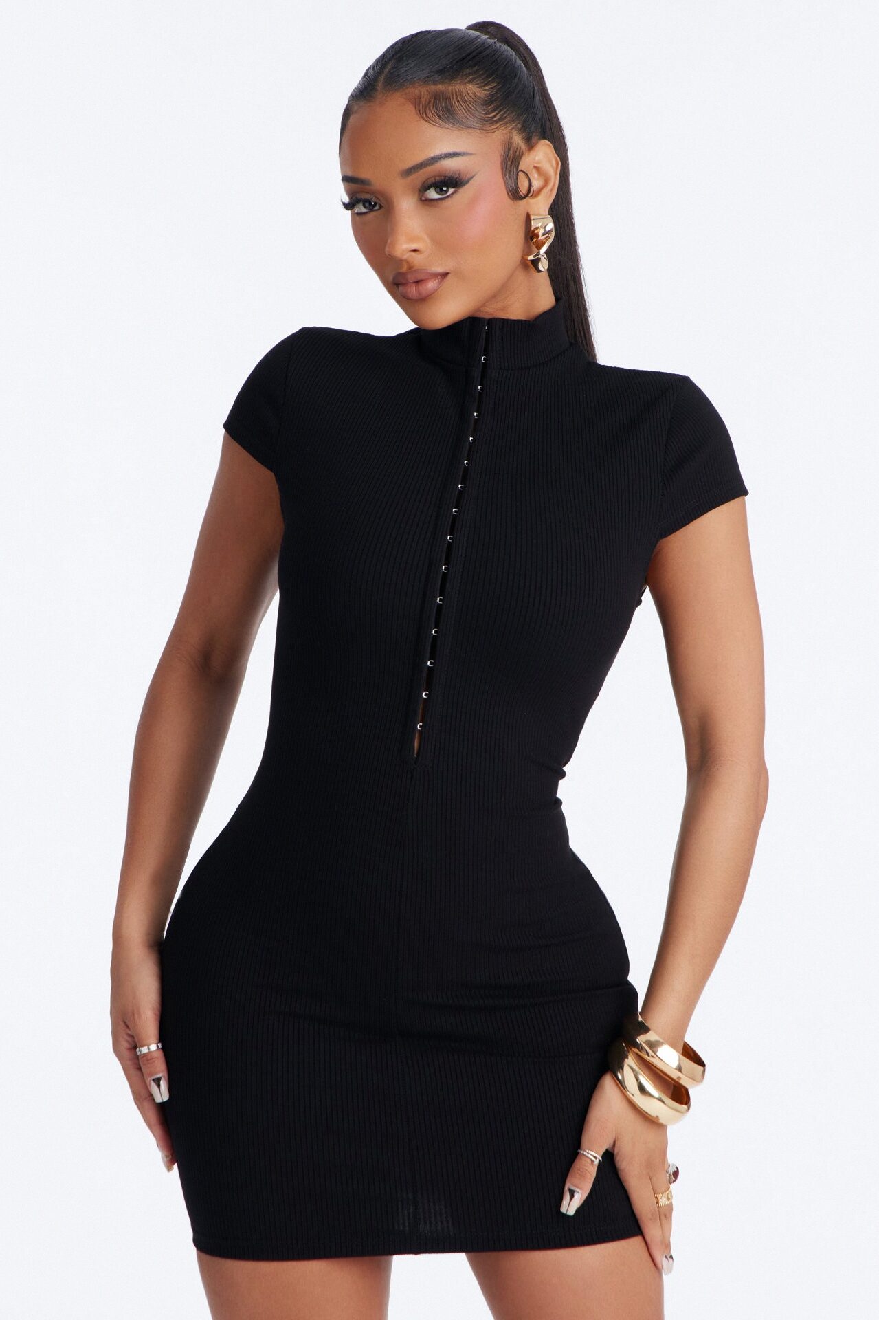 Sylvia Snatched High Neck Mini Dress - Black