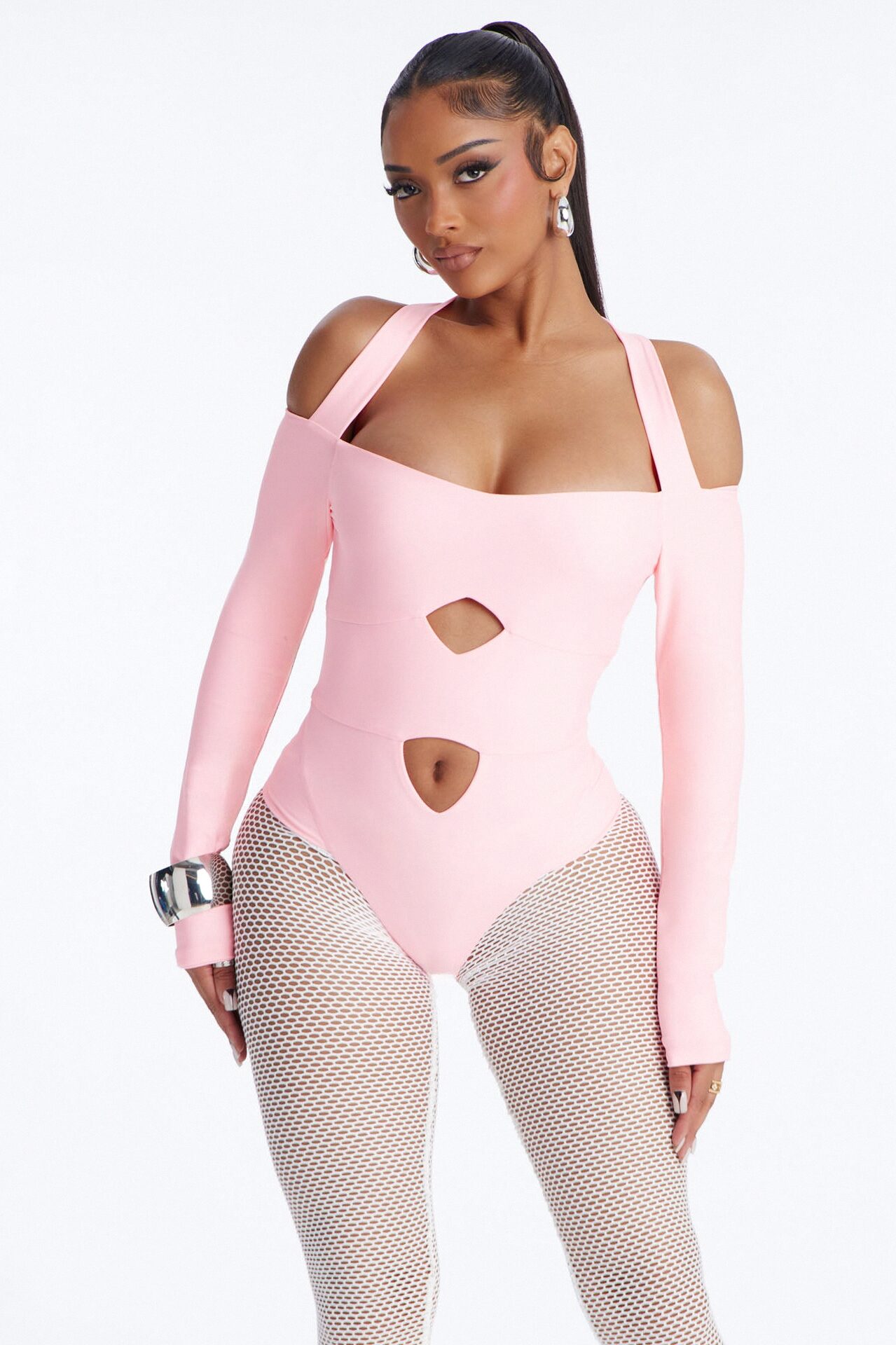 Roxy Form Double Lined Bodysuit Fishnet Set - Pink/combo