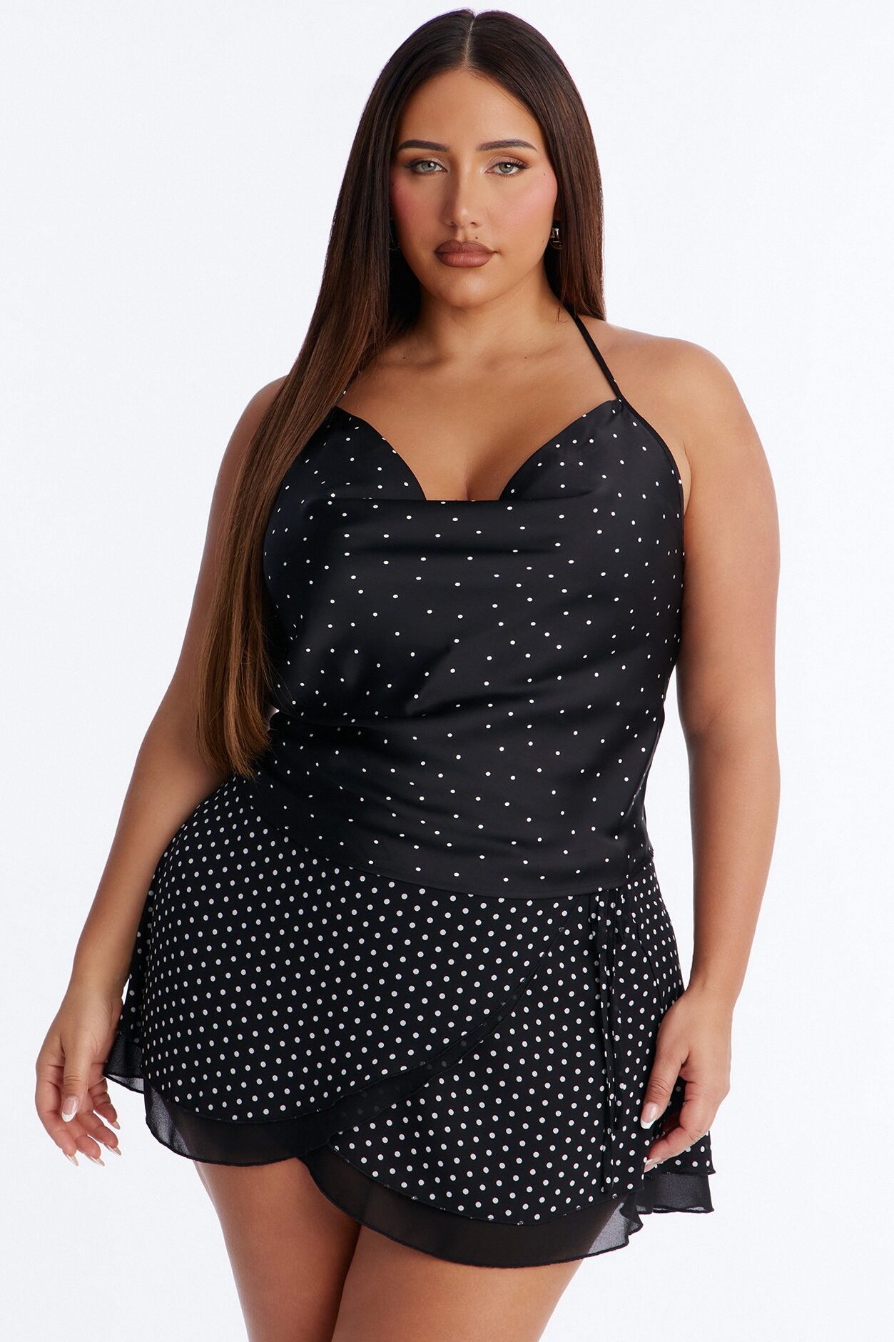 Flirty Plans Polka Dot Satin Halter Top - Black/combo