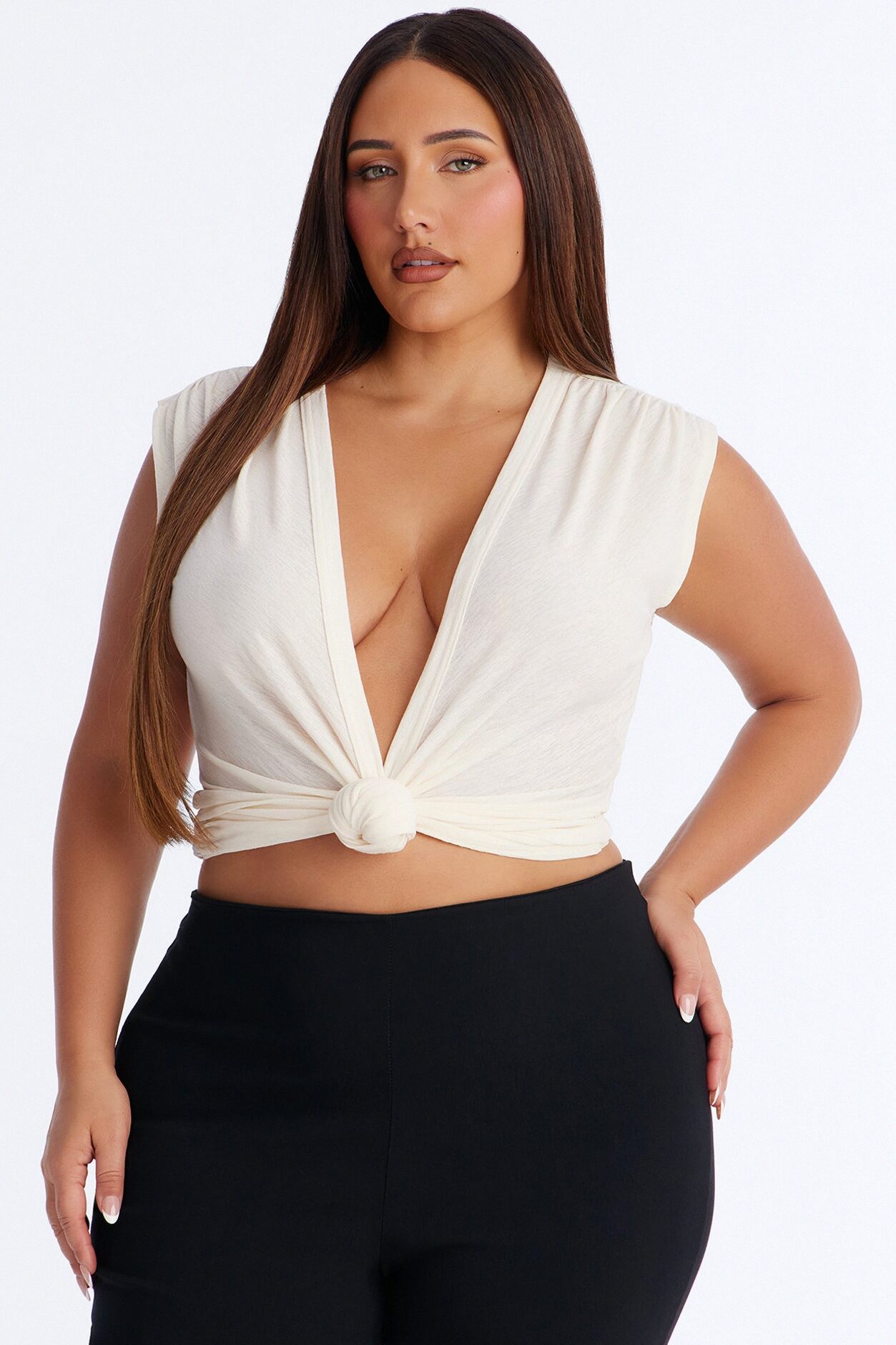Selena Textured Deep V-Neck Knot Top - Off White