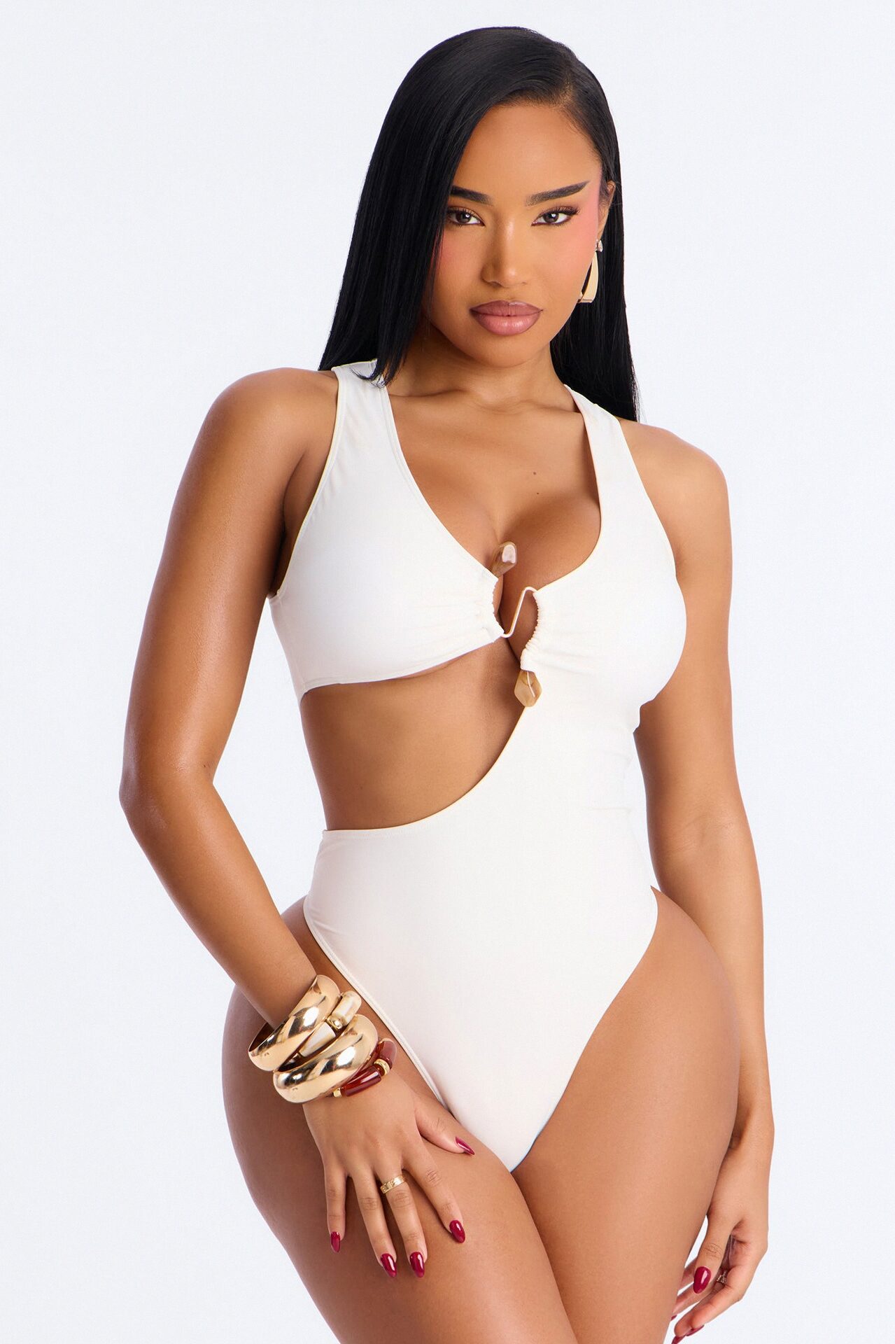Malia Stone Hardware Cutout 1 Piece Swimsuit - White
