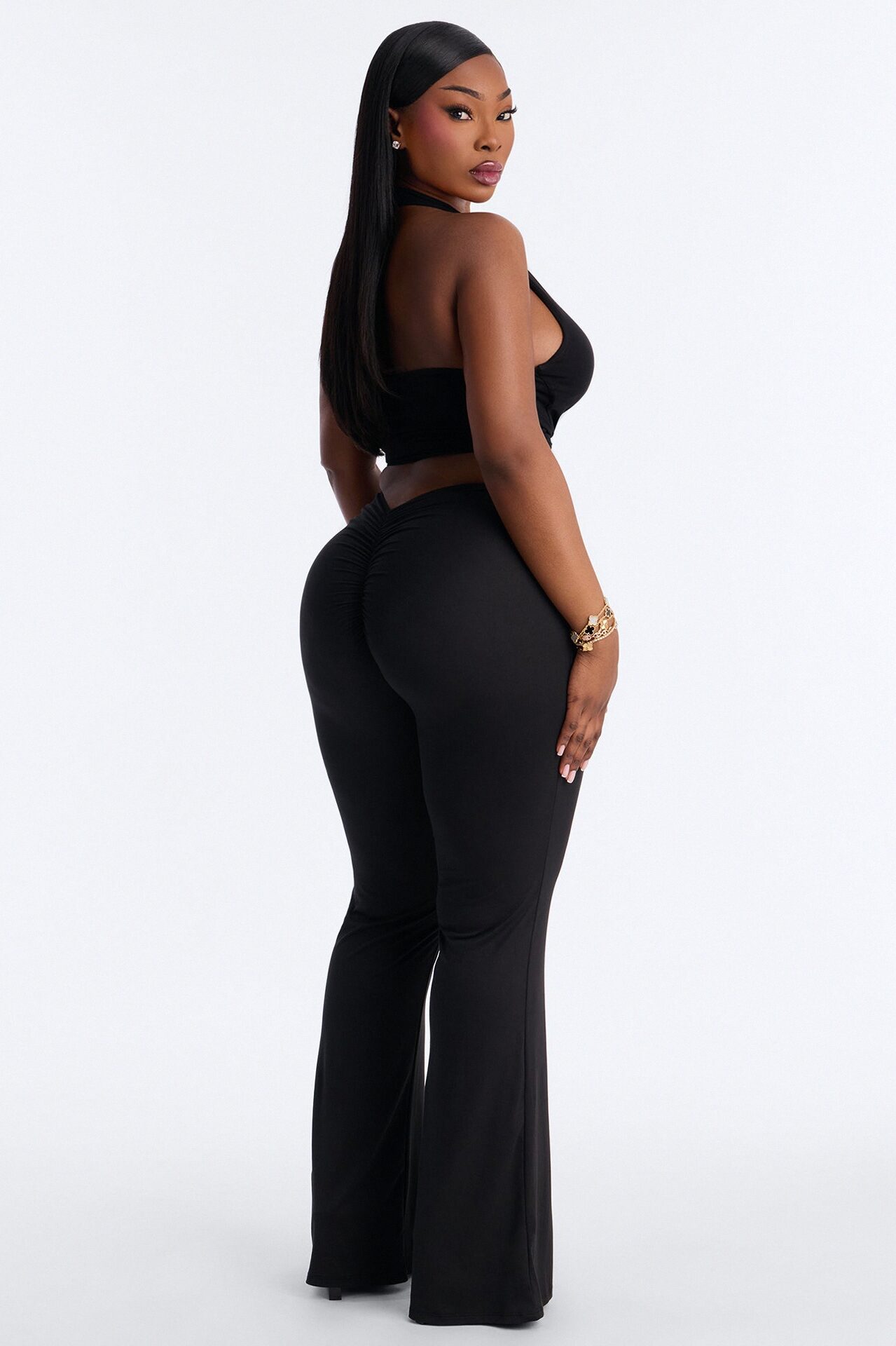 Feeling Cheeky Low Rise Ruched Butt Flare Pant - Black