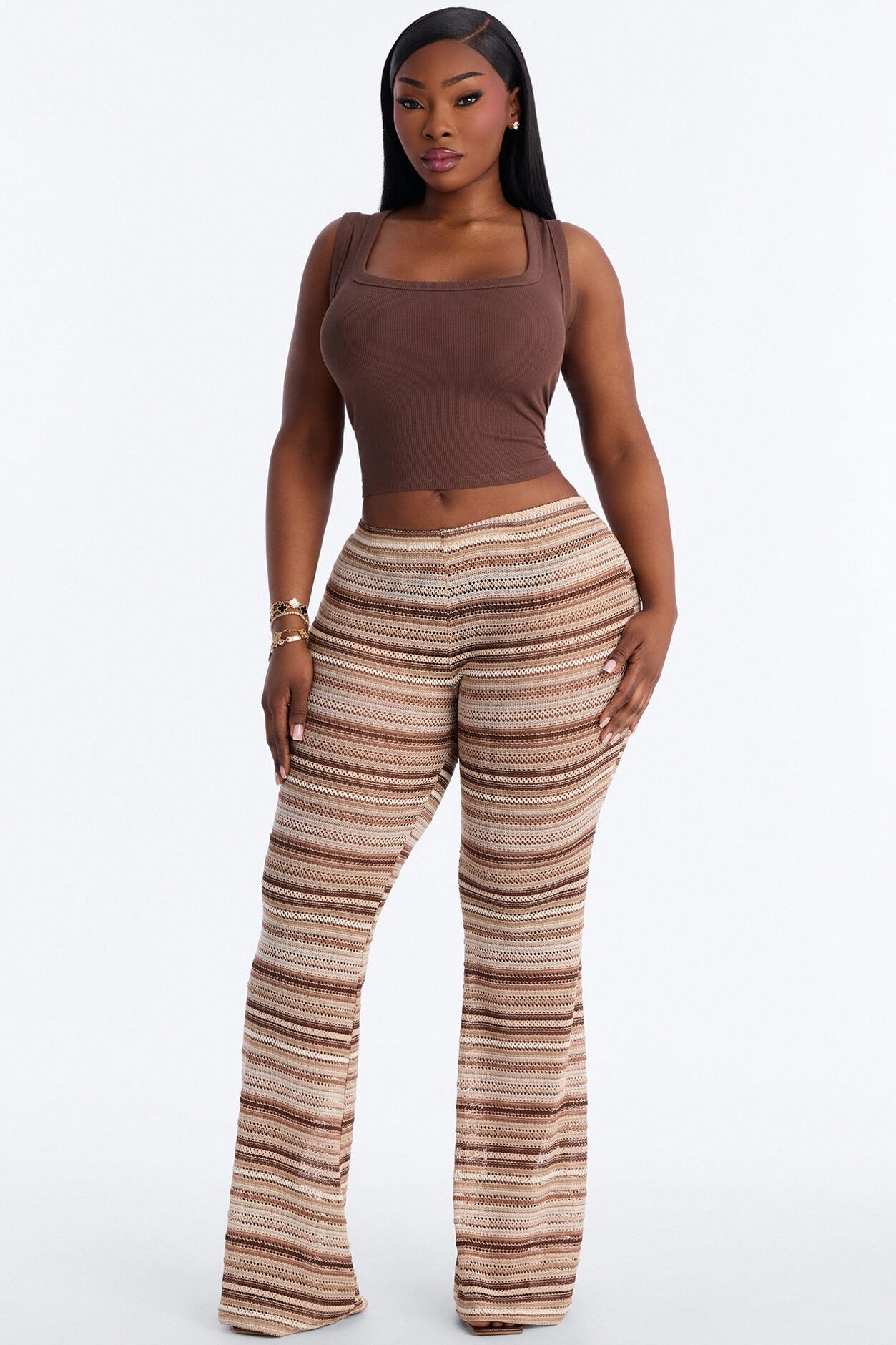 On The Beach Low Rise Crochet Flare Pant 33″ - Brown/combo