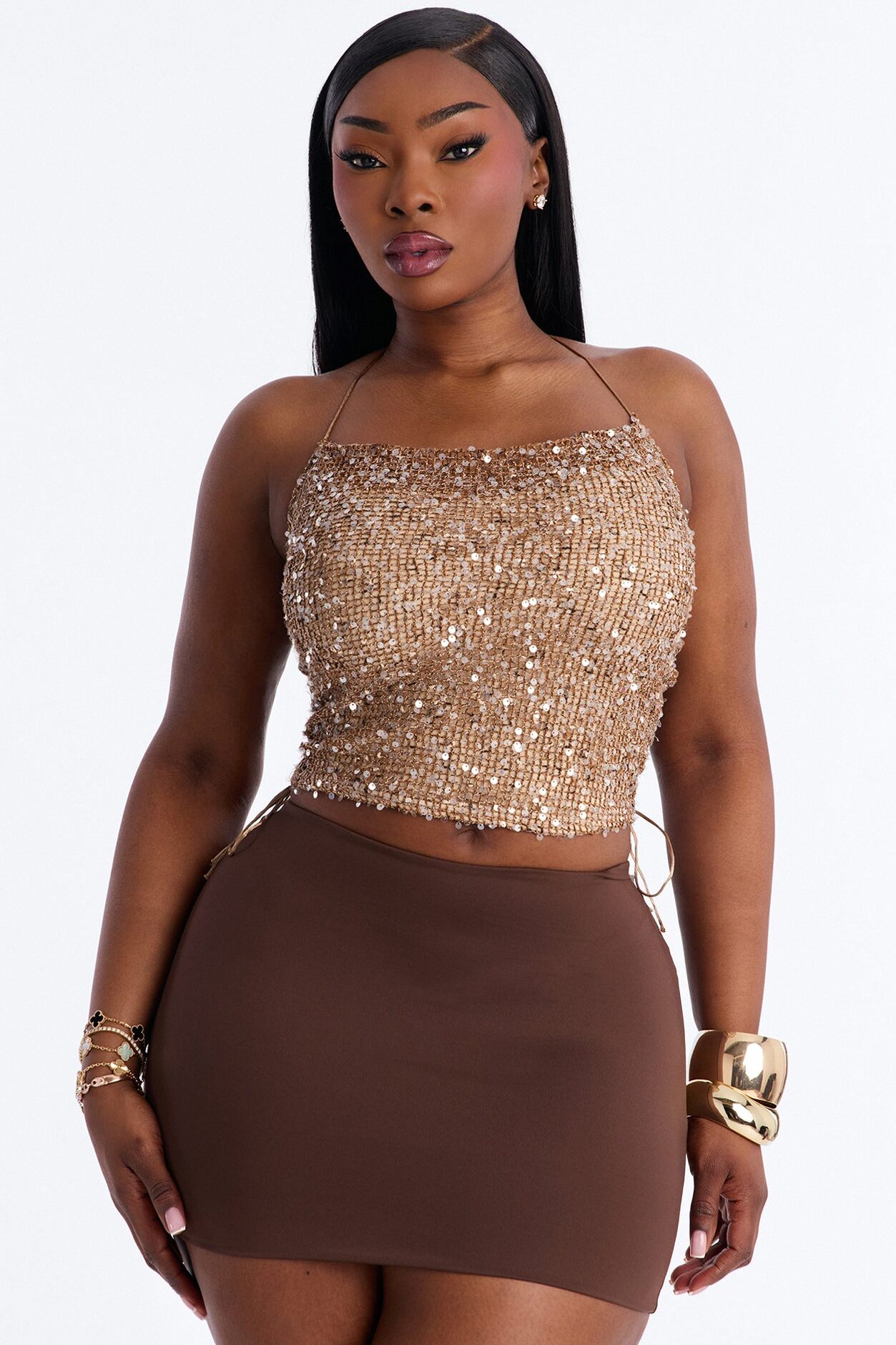 All The Glitters Lace Up Sequin Halter Top - Taupe