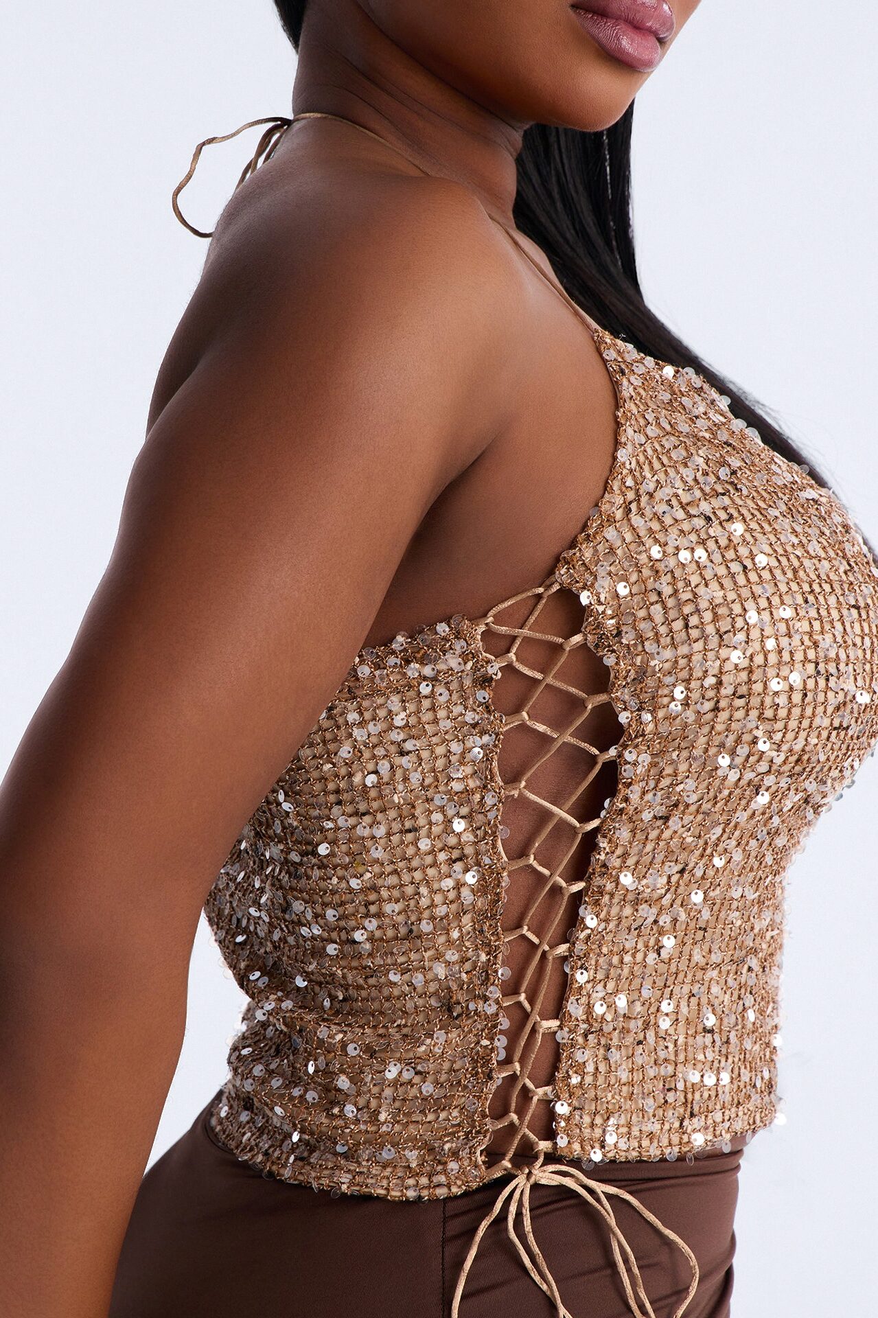 All The Glitters Lace Up Sequin Halter Top - Taupe