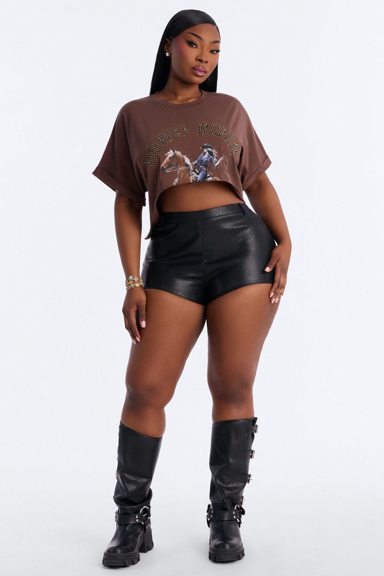 Howdy Rider Rhinestone Cropped Tee - Brown