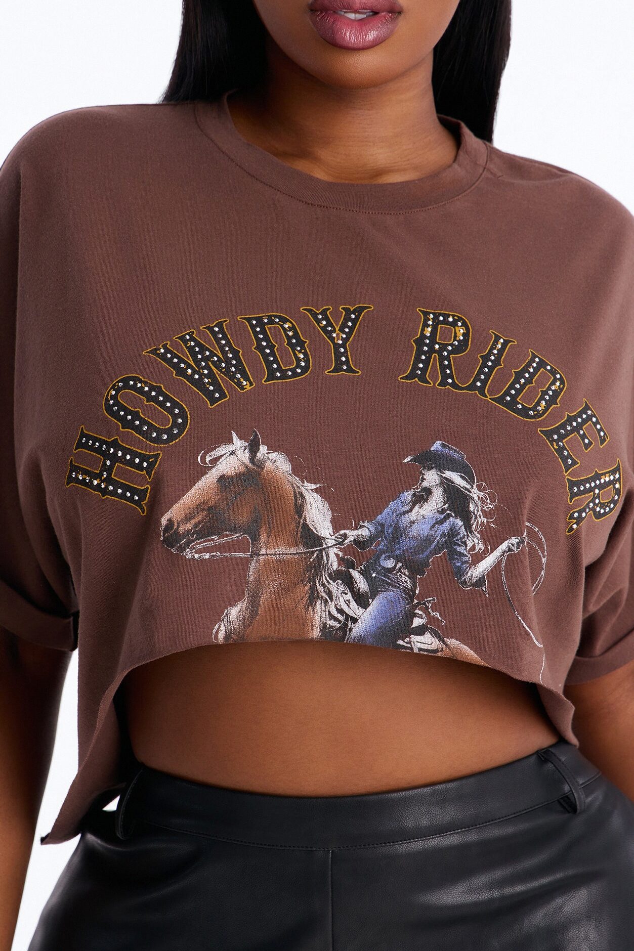 Howdy Rider Rhinestone Cropped Tee - Brown