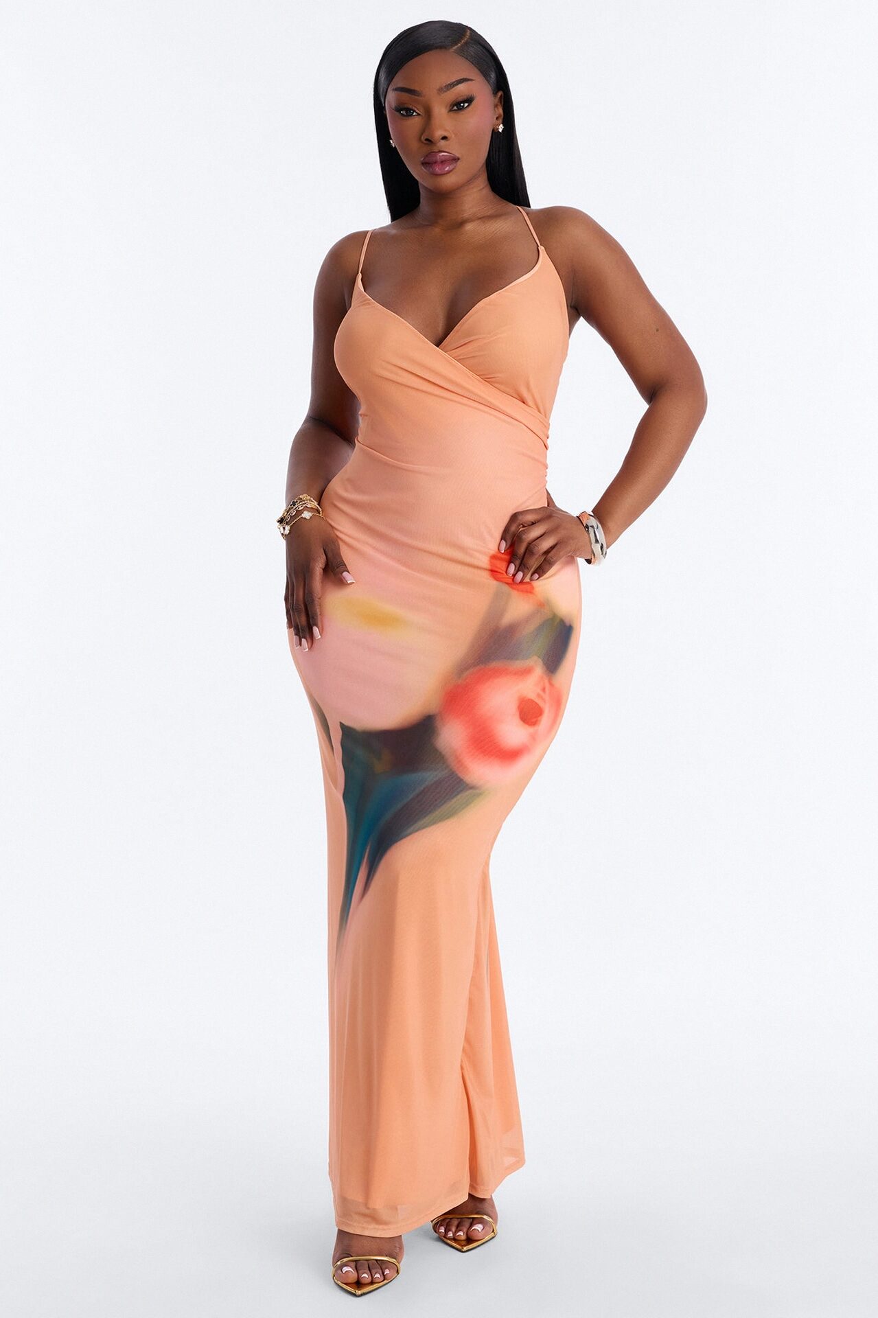 Janice Floral Mesh Maxi Dress - Orange