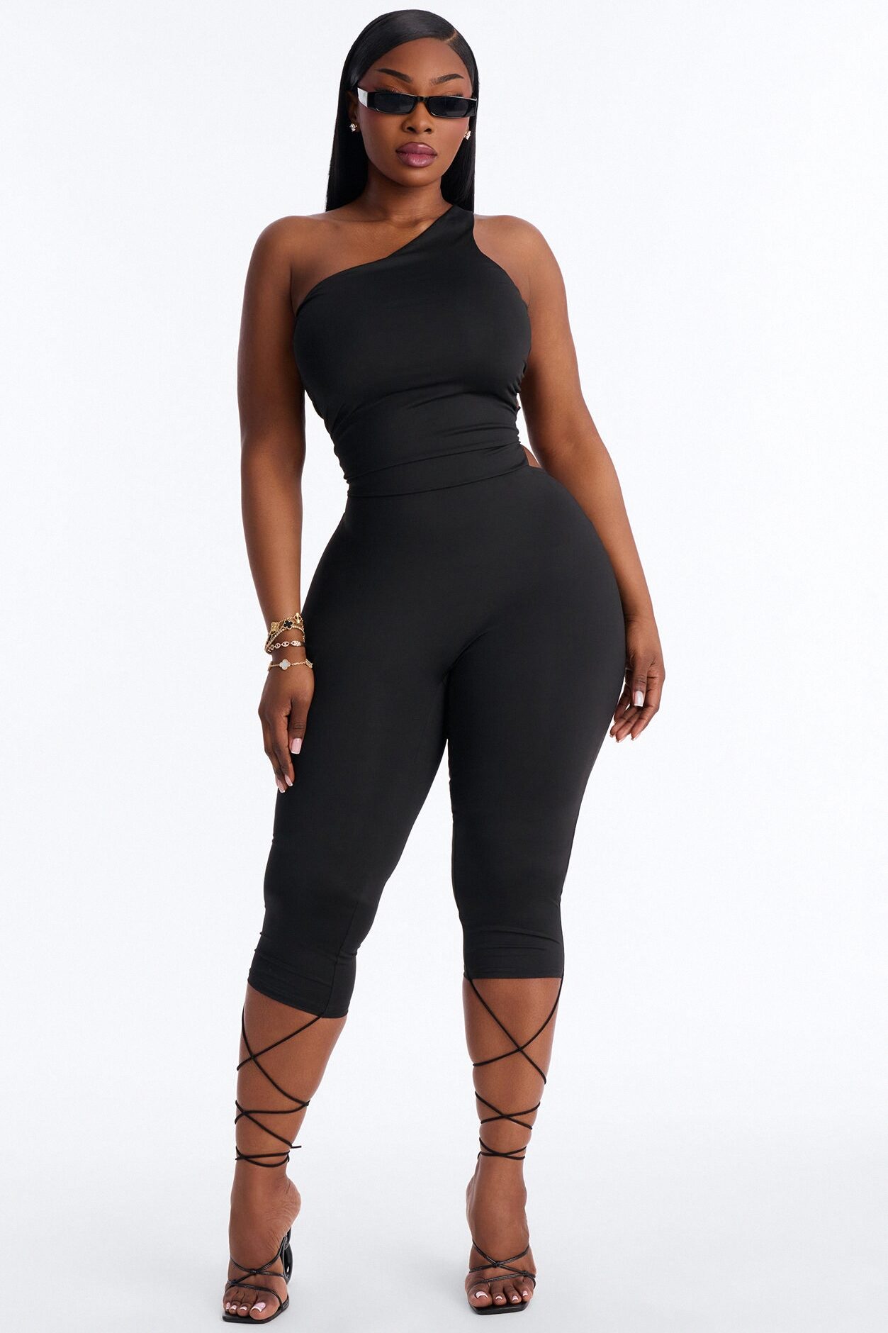Reena Lace Up Capri Catsuit - Black