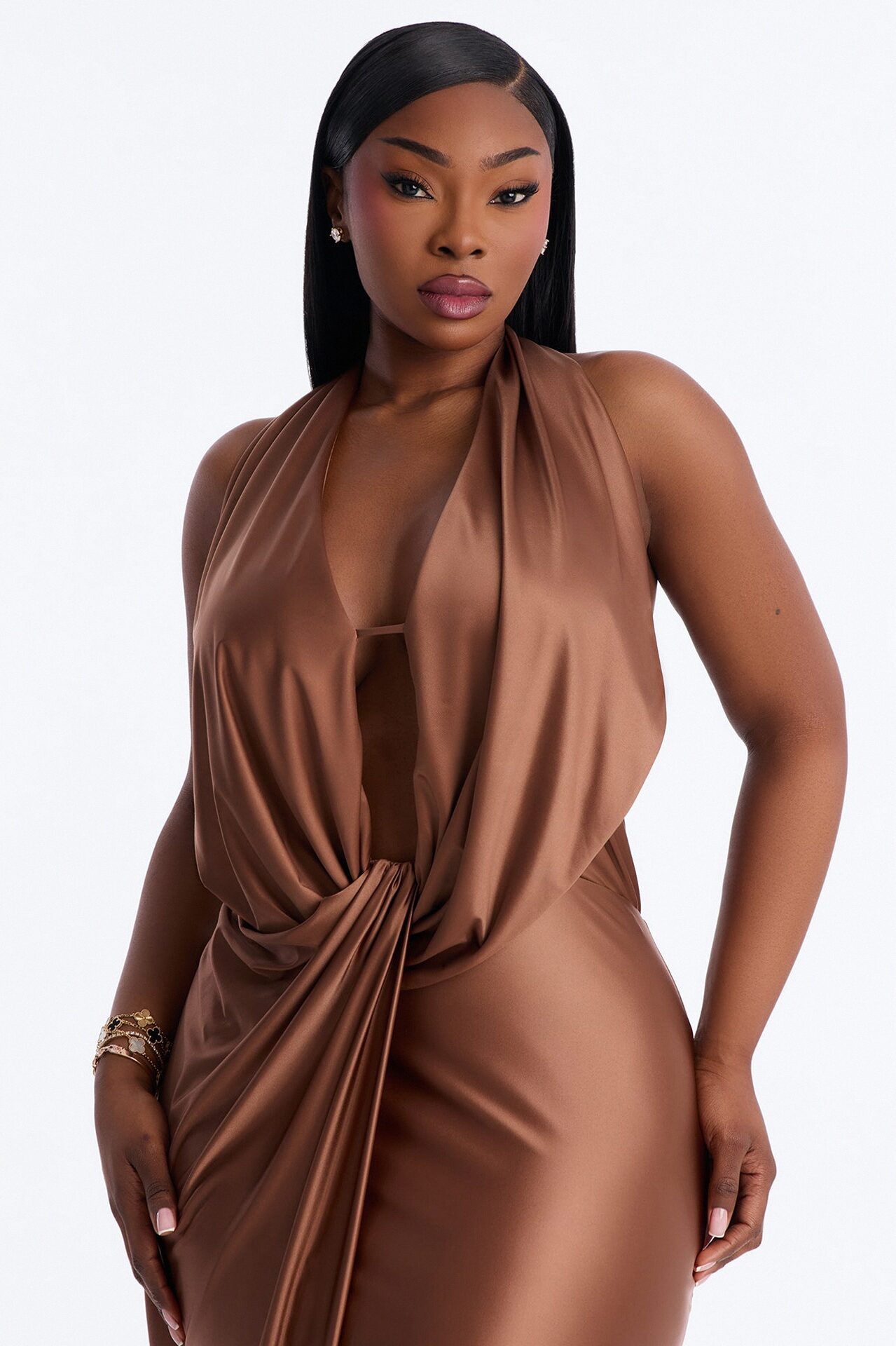 Gloria Draped Satin Gown - Mocha