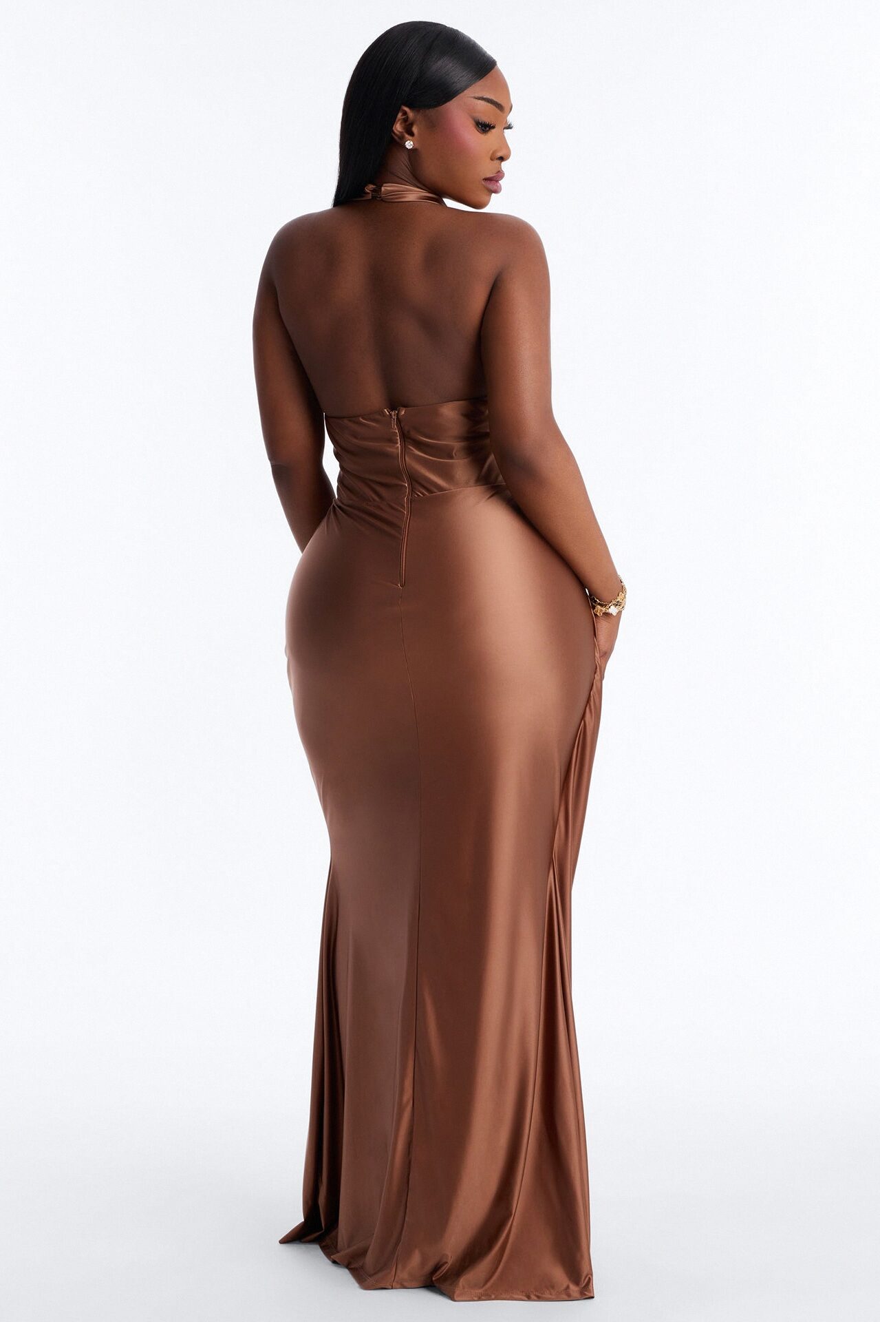 Gloria Draped Satin Gown - Mocha