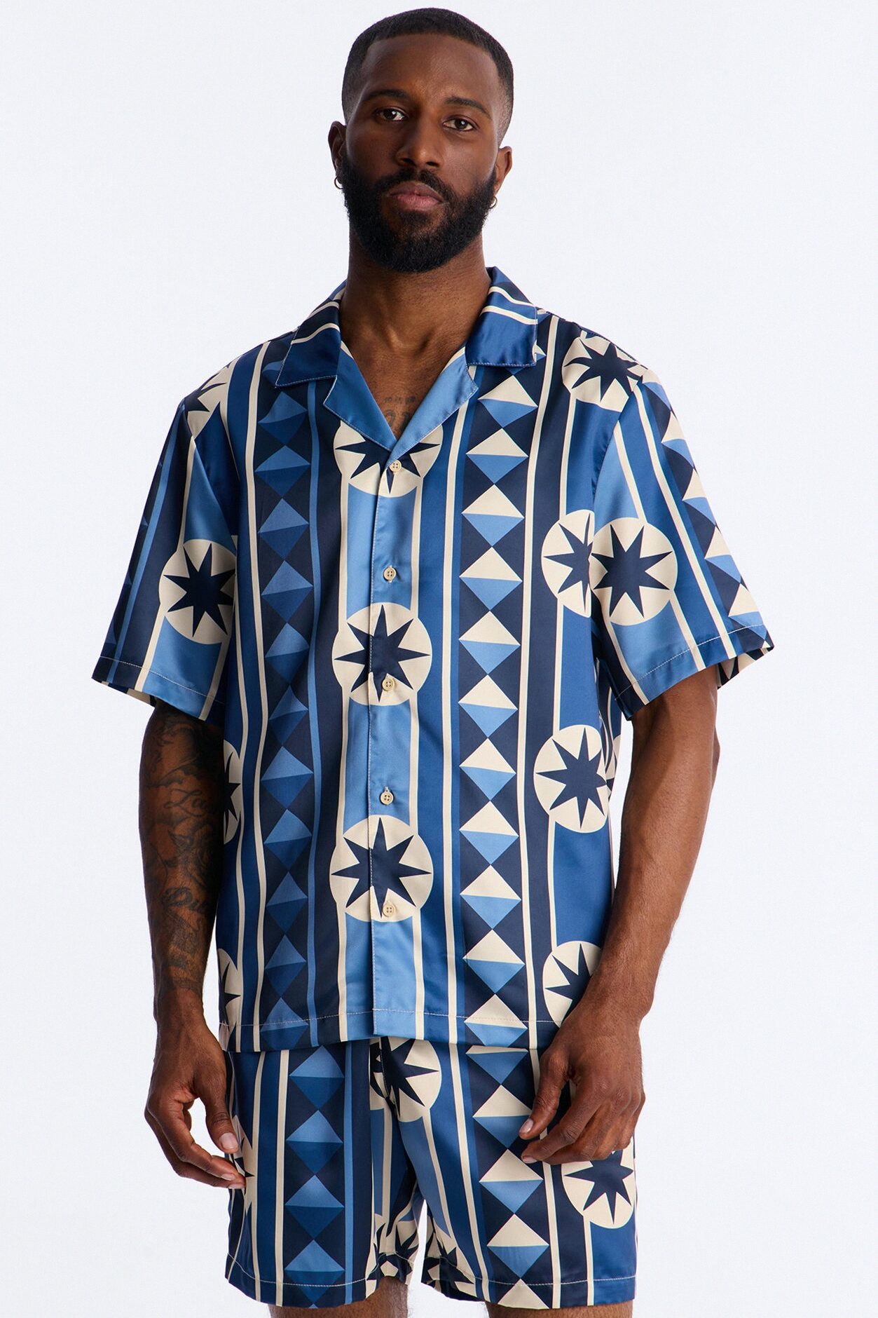 Toscana Geo Cuban Collar Shirt - Blue