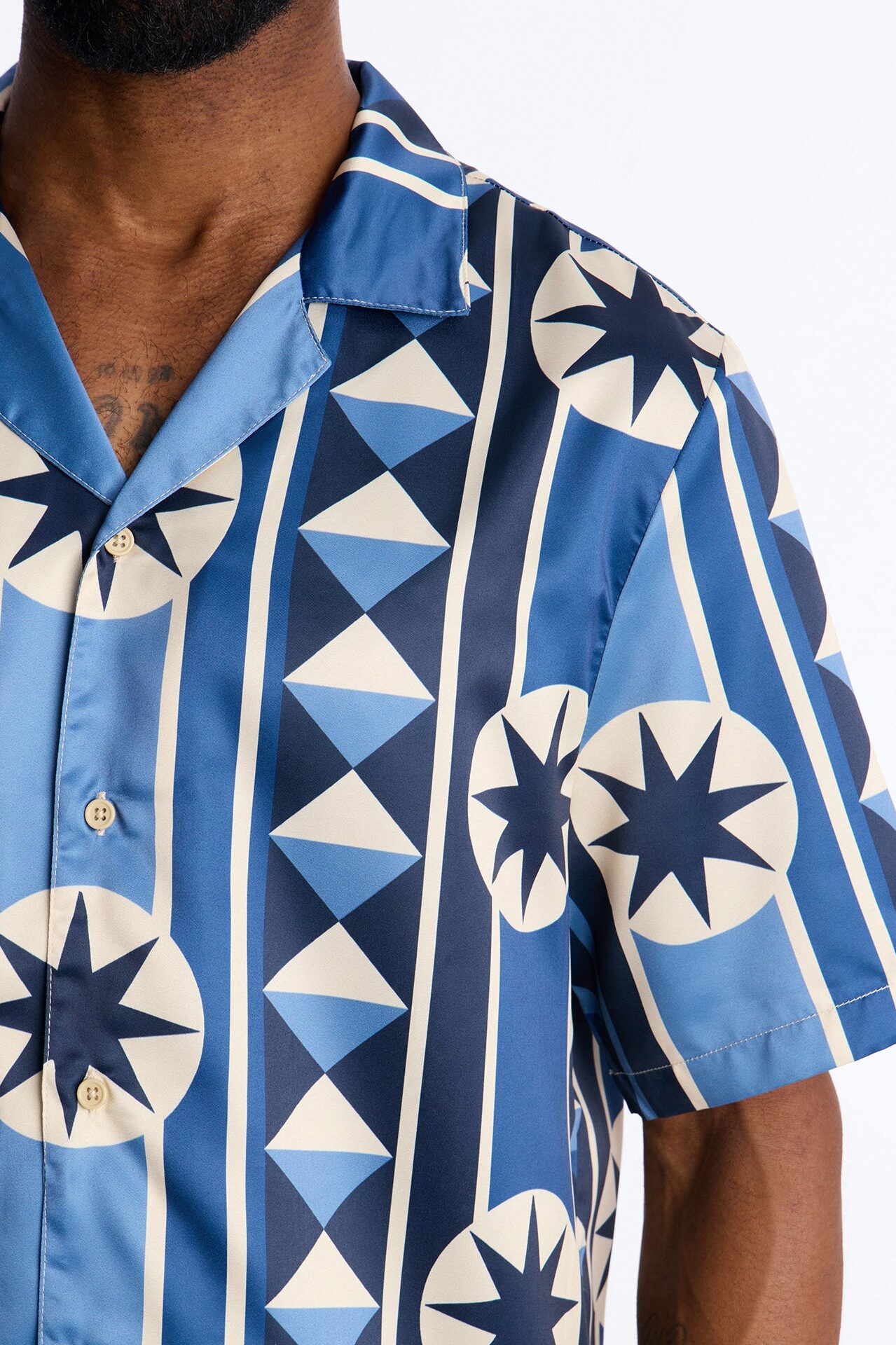 Toscana Geo Cuban Collar Shirt - Blue