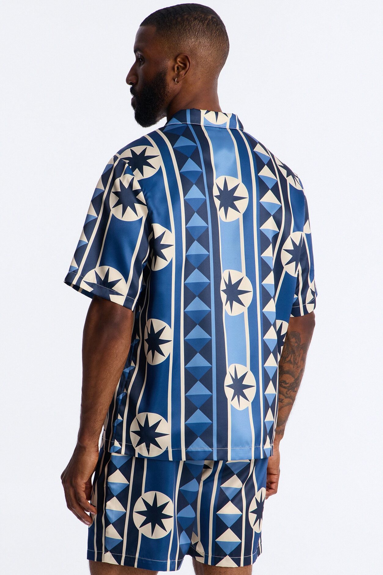 Toscana Geo Cuban Collar Shirt - Blue