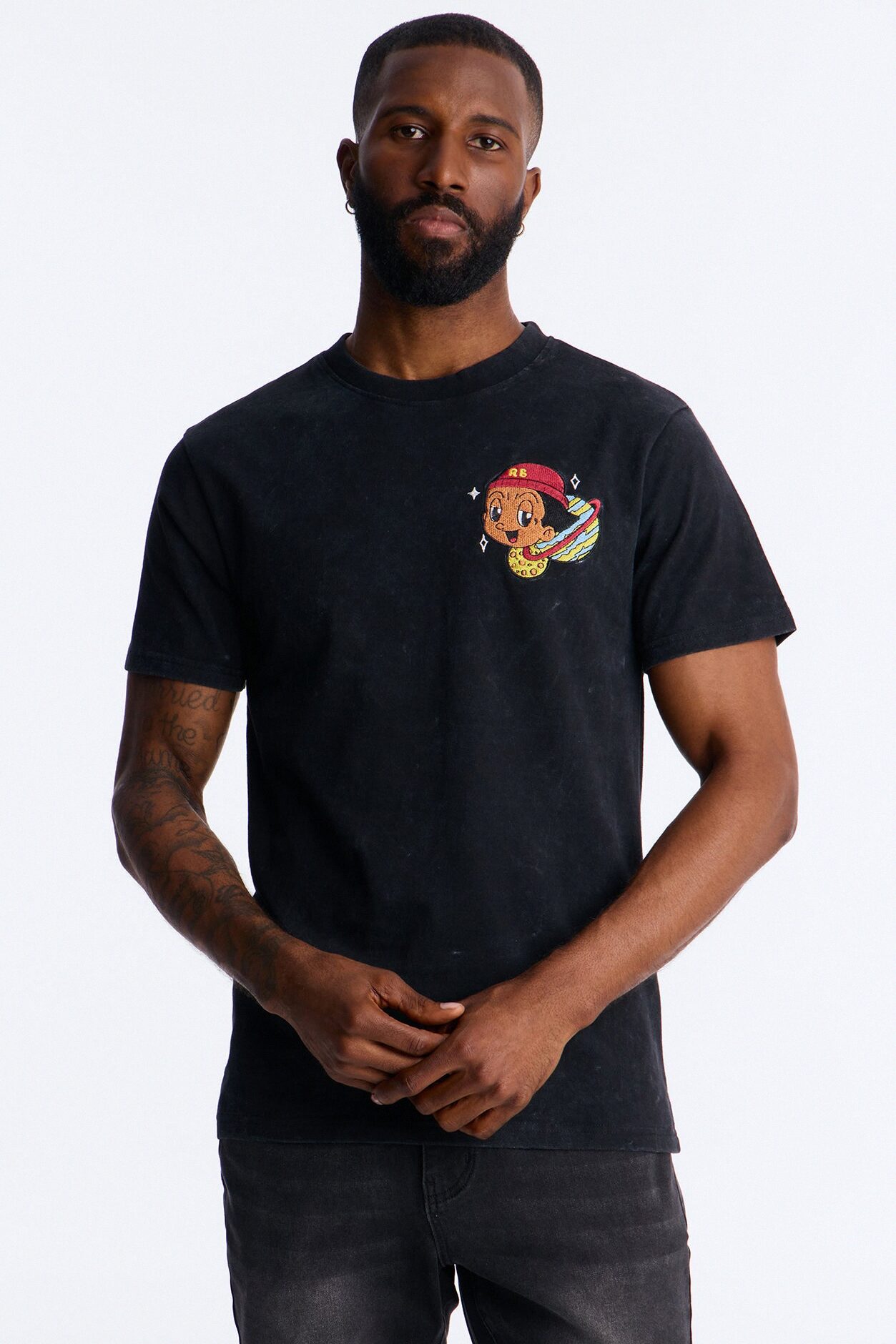 Cosmic Boy Still Gonna Shine Embroidery Vintage Short Sleeve Tee - Black Wash