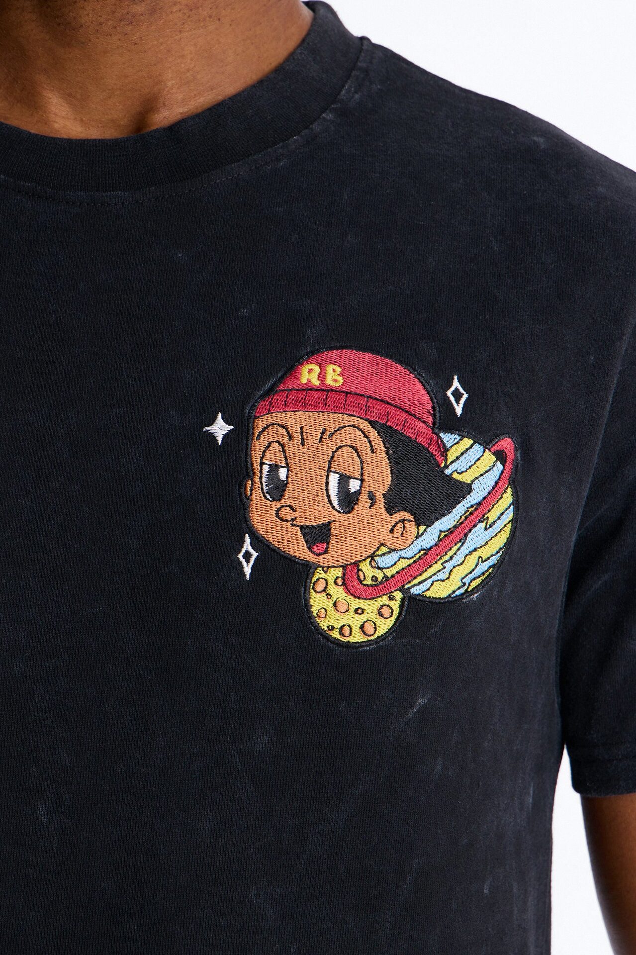 Cosmic Boy Still Gonna Shine Embroidery Vintage Short Sleeve Tee - Black Wash