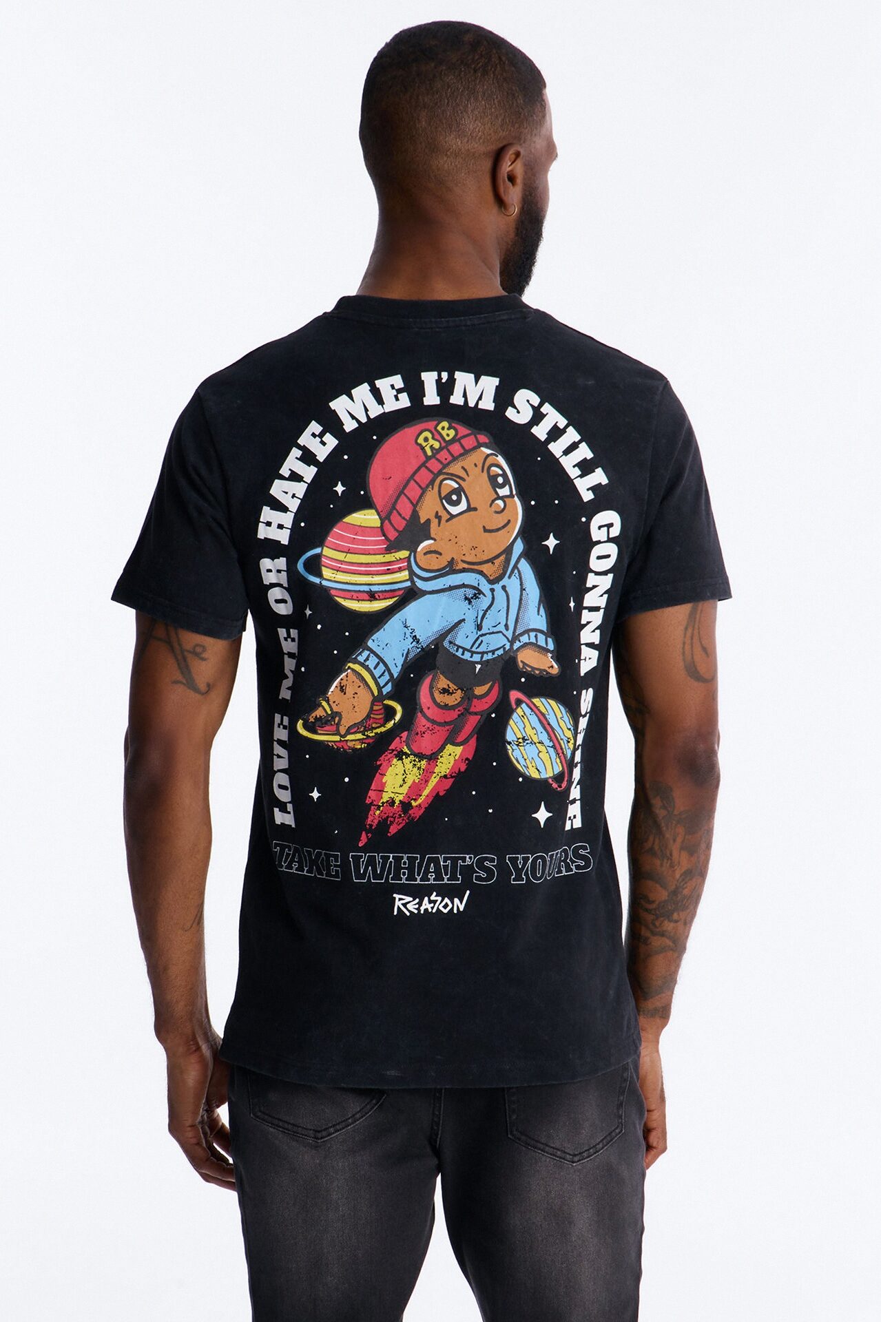 Cosmic Boy Still Gonna Shine Embroidery Vintage Short Sleeve Tee - Black Wash