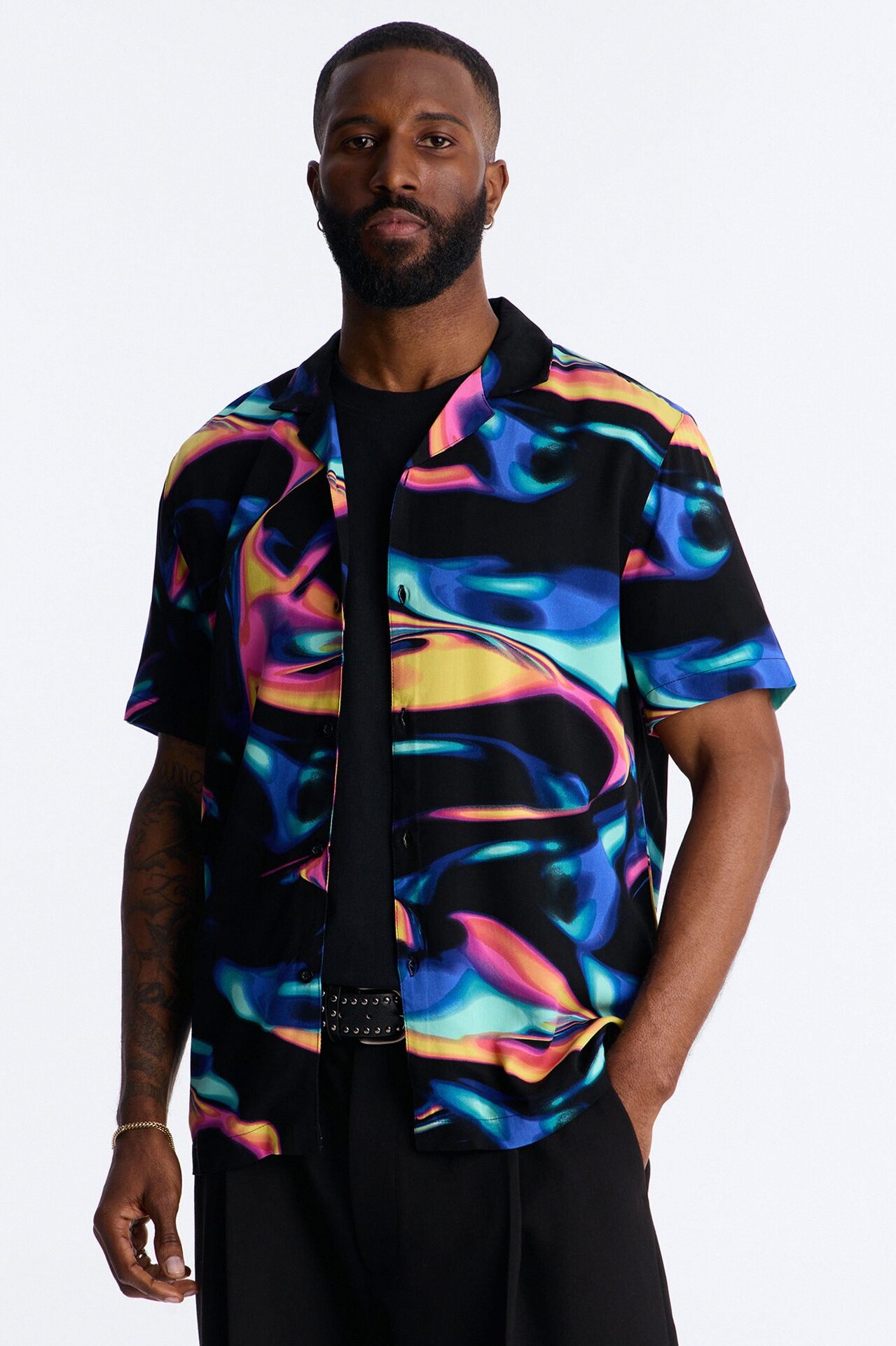 Retro Vibe Cuban Collar Button Up Shirt - Blue/combo