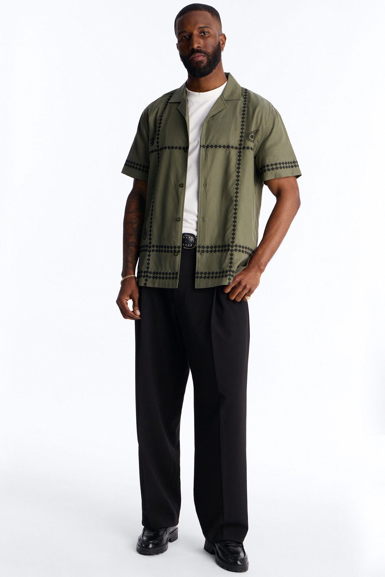 Coastal Embroidered Cuban Collar Button Up Shirt - Olive