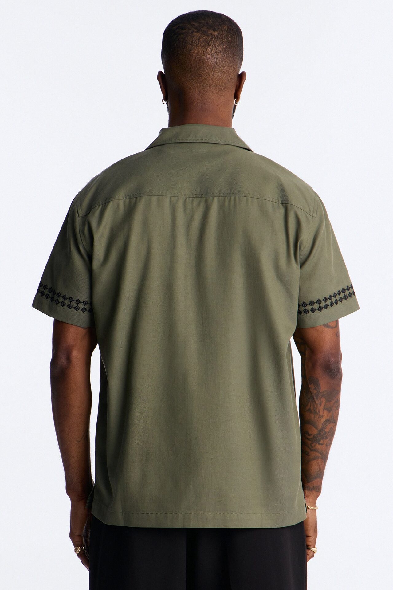 Coastal Embroidered Cuban Collar Button Up Shirt - Olive