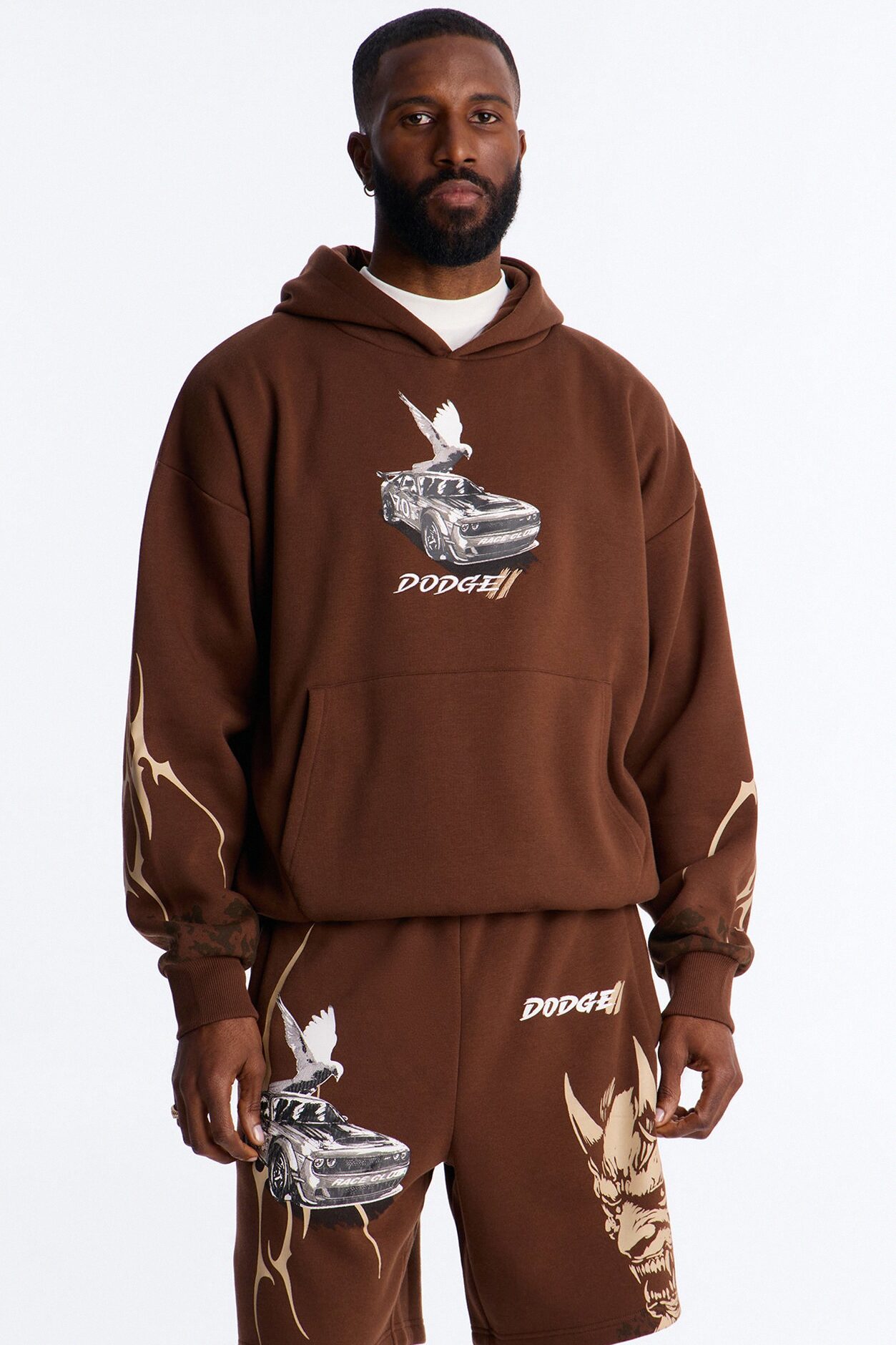 Dodge Demon Oni Mask Oversized Hoodie - Brown