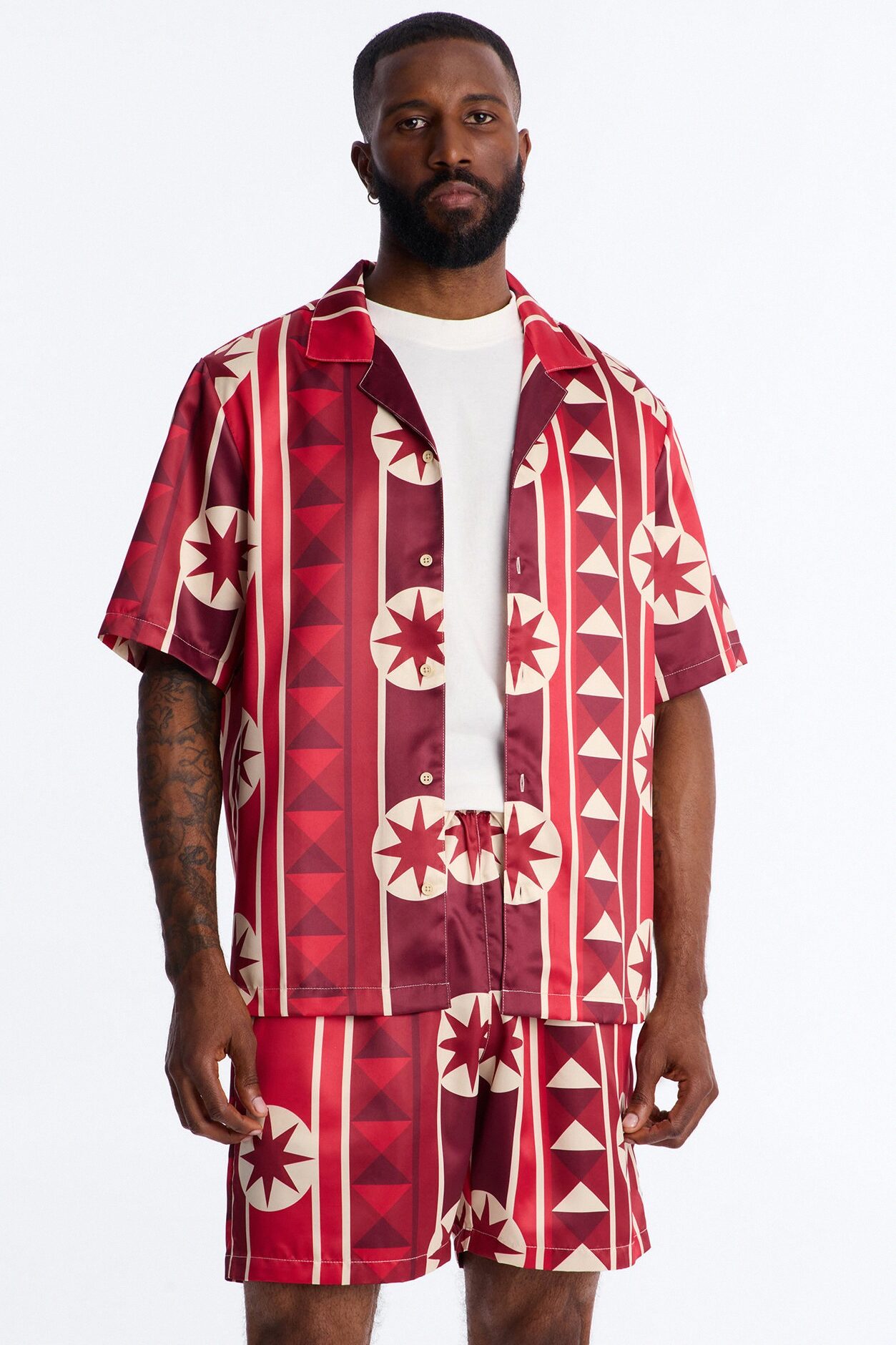 Toscana Geo Cuban Collar Shirt - Red