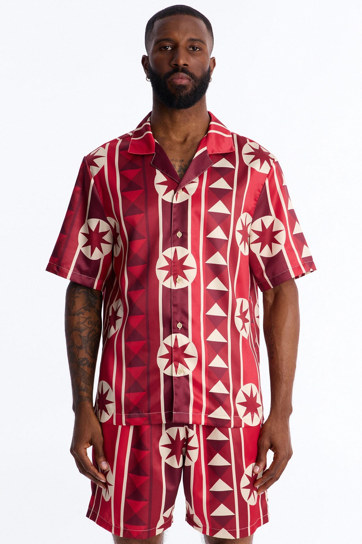 Toscana Geo Cuban Collar Shirt - Red