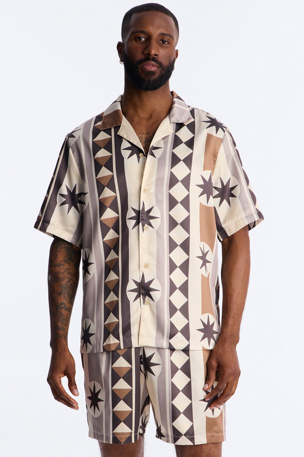 Toscana Geo Cuban Collar Shirt - Tan