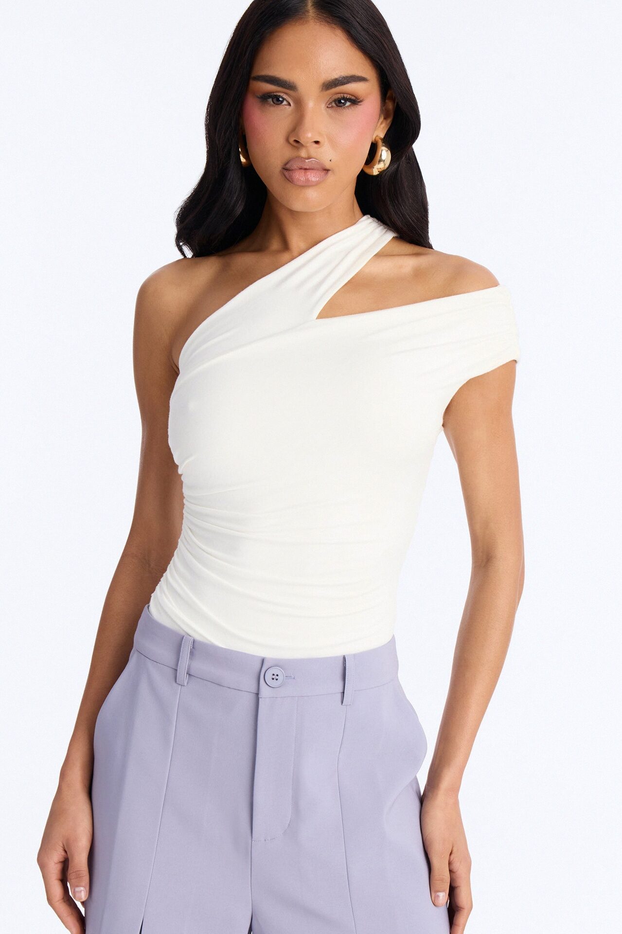 Been Here Before Ruched One Shoulder Bodysuit - White