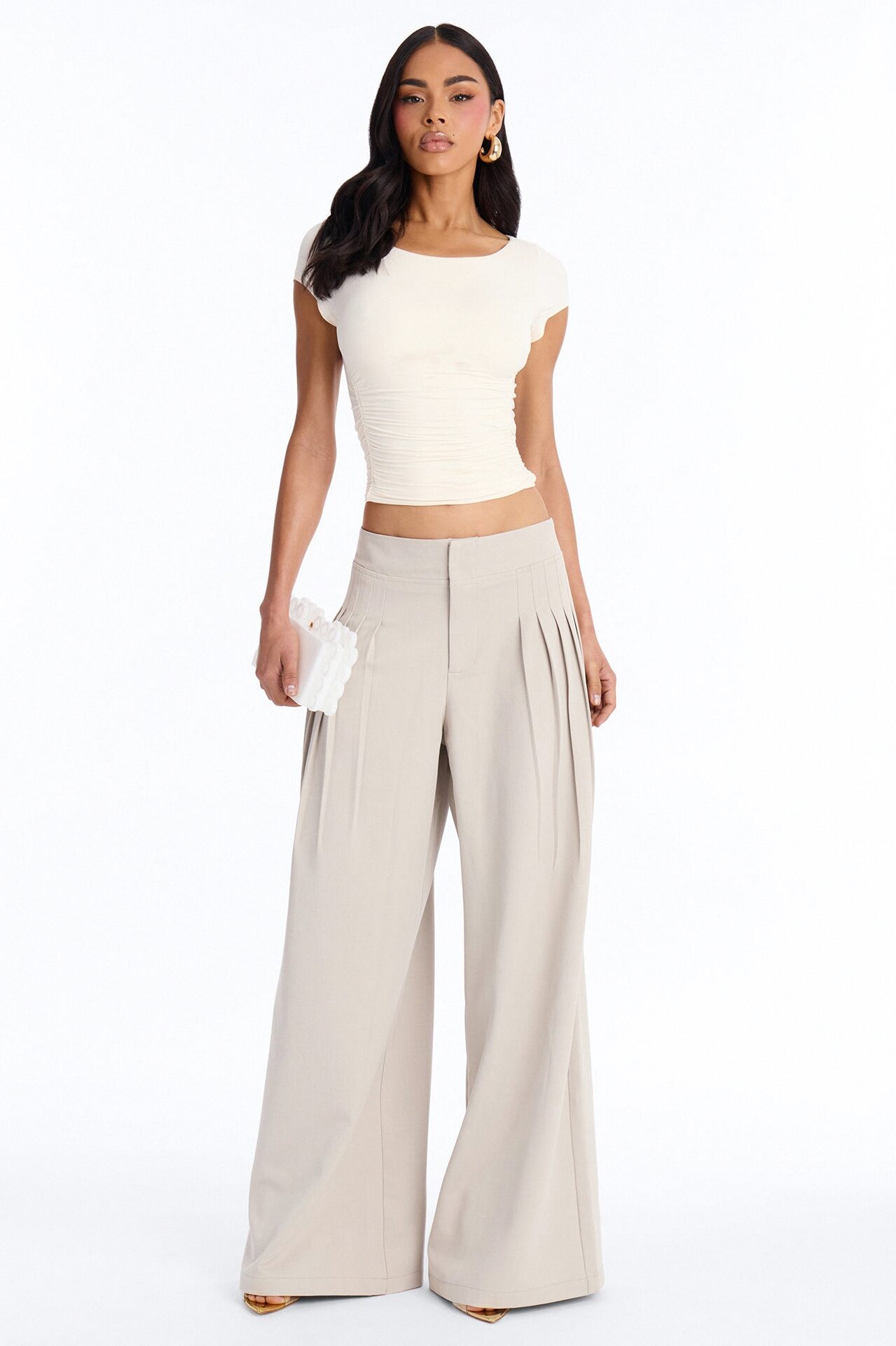 Adele Pleated Wide Leg Trouser Pant 33″ - Stone