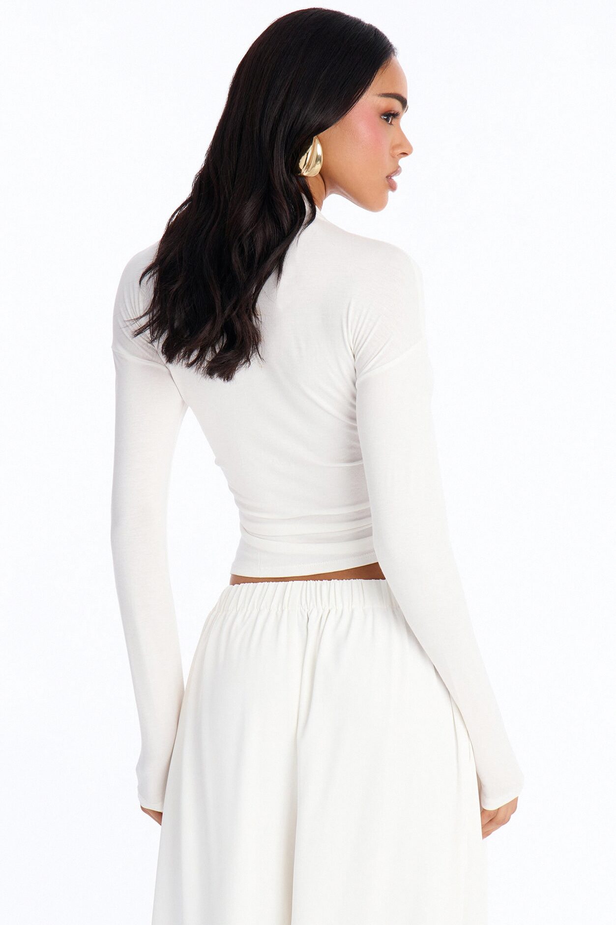 Pin Me Asymmetrical Neck Long Sleeve Top - White