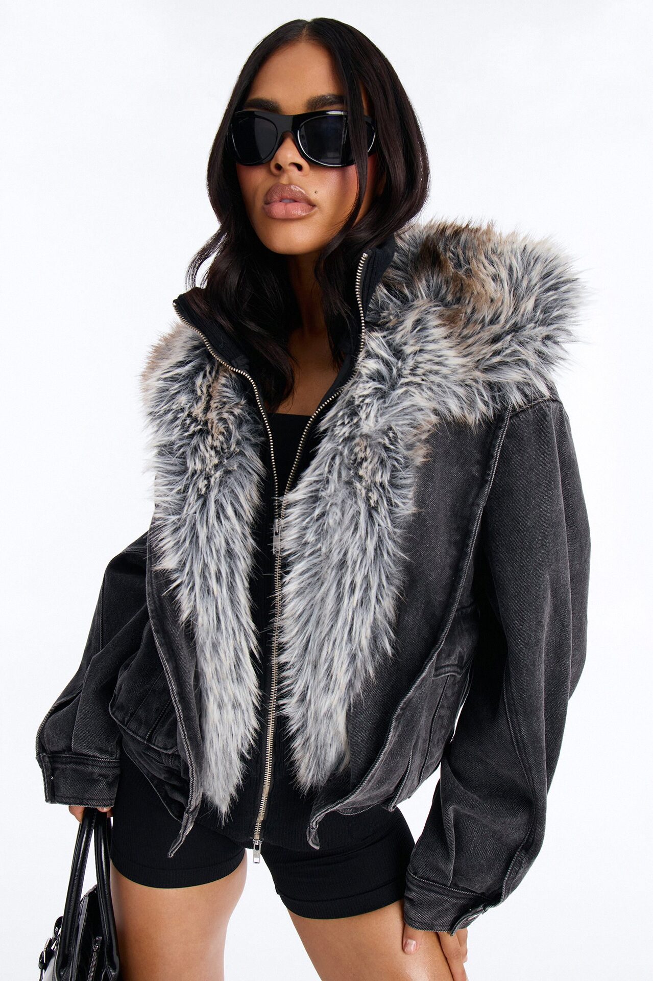 Aspen Baby Faux Fur Denim Jacket - Black Wash