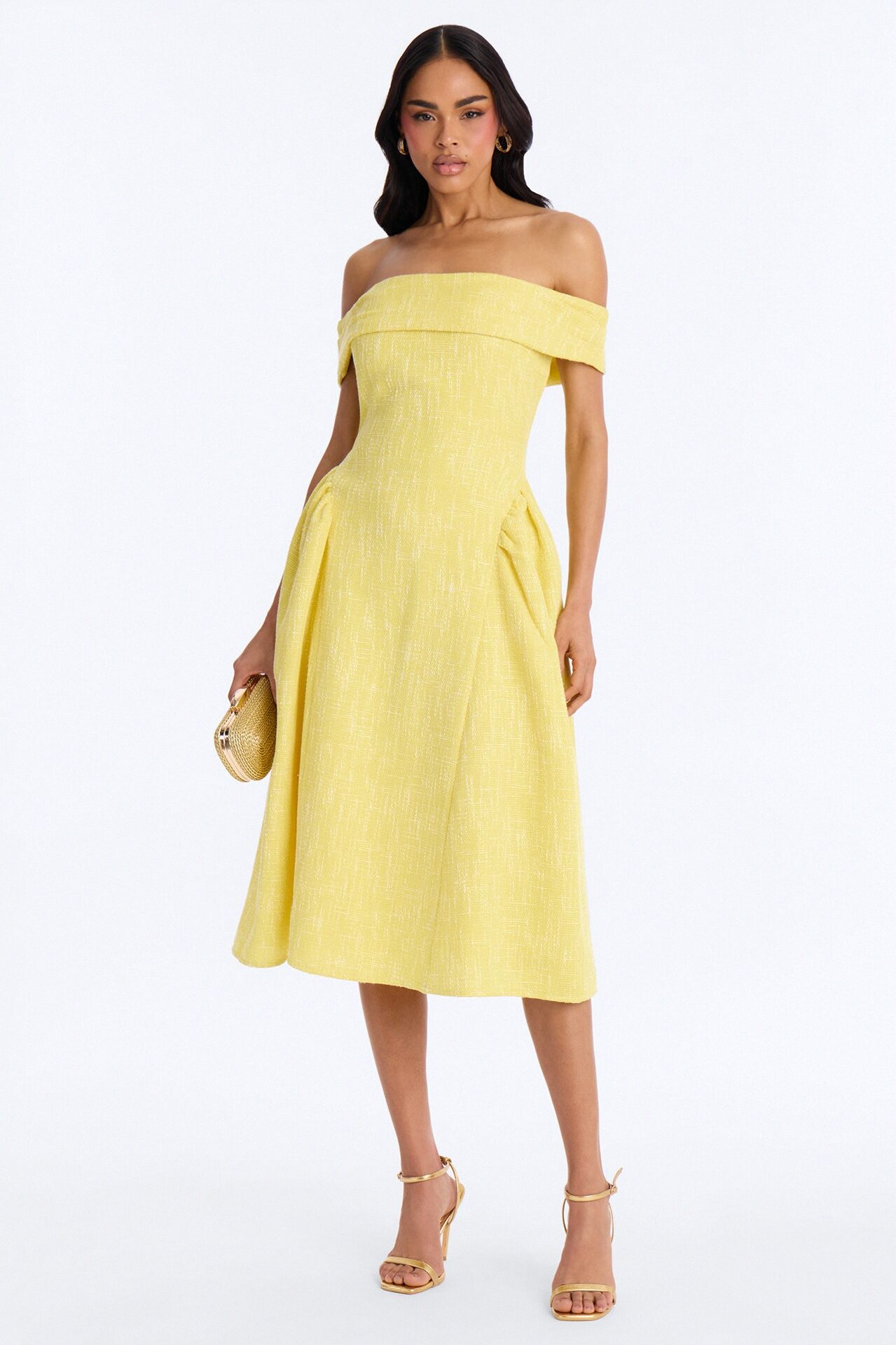 Paisley Off Shoulder Tweed Midi Dress - Yellow