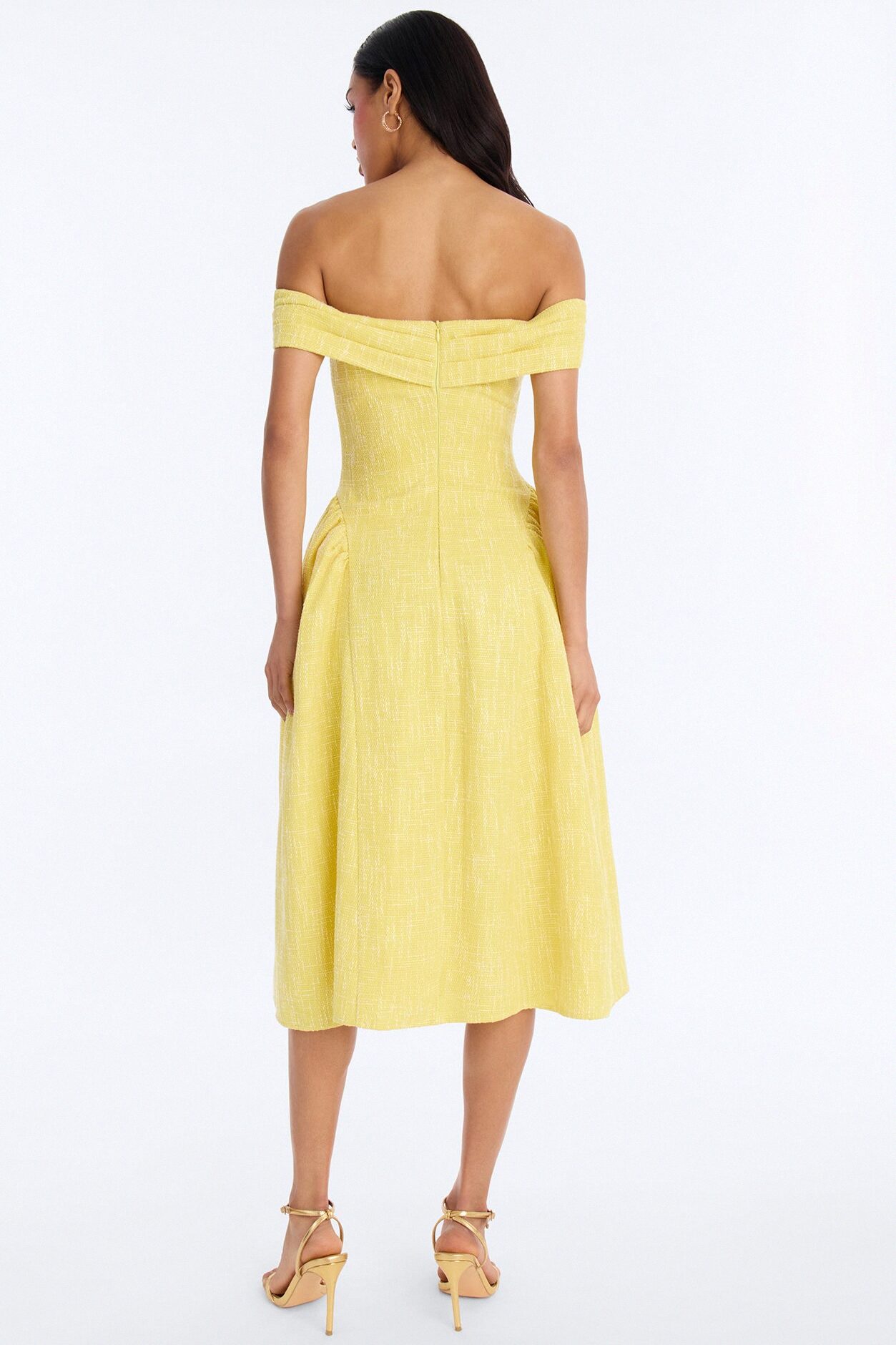 Paisley Off Shoulder Tweed Midi Dress - Yellow