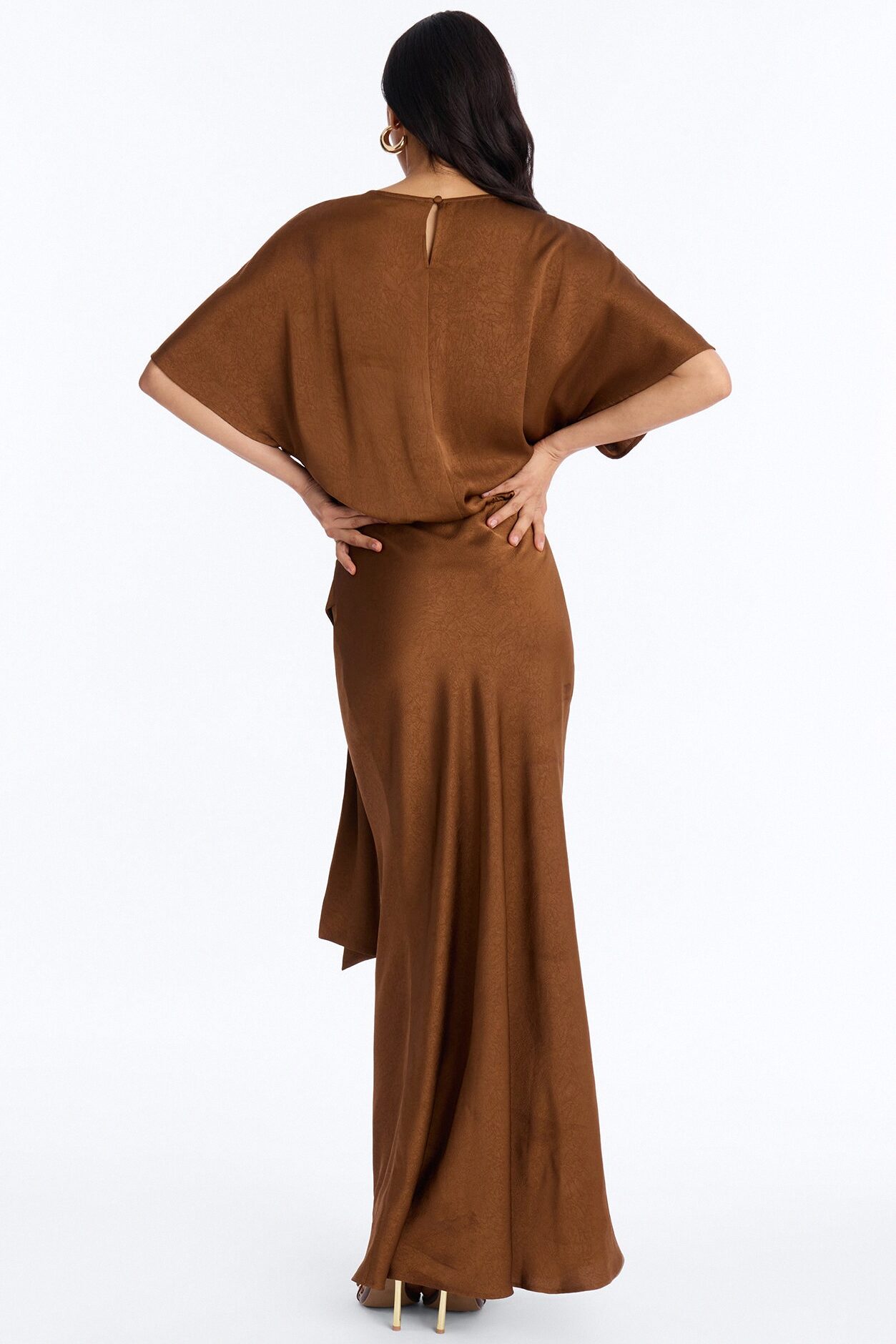 Golden Hour Short Sleeve Satin Maxi Dress - Chocolate