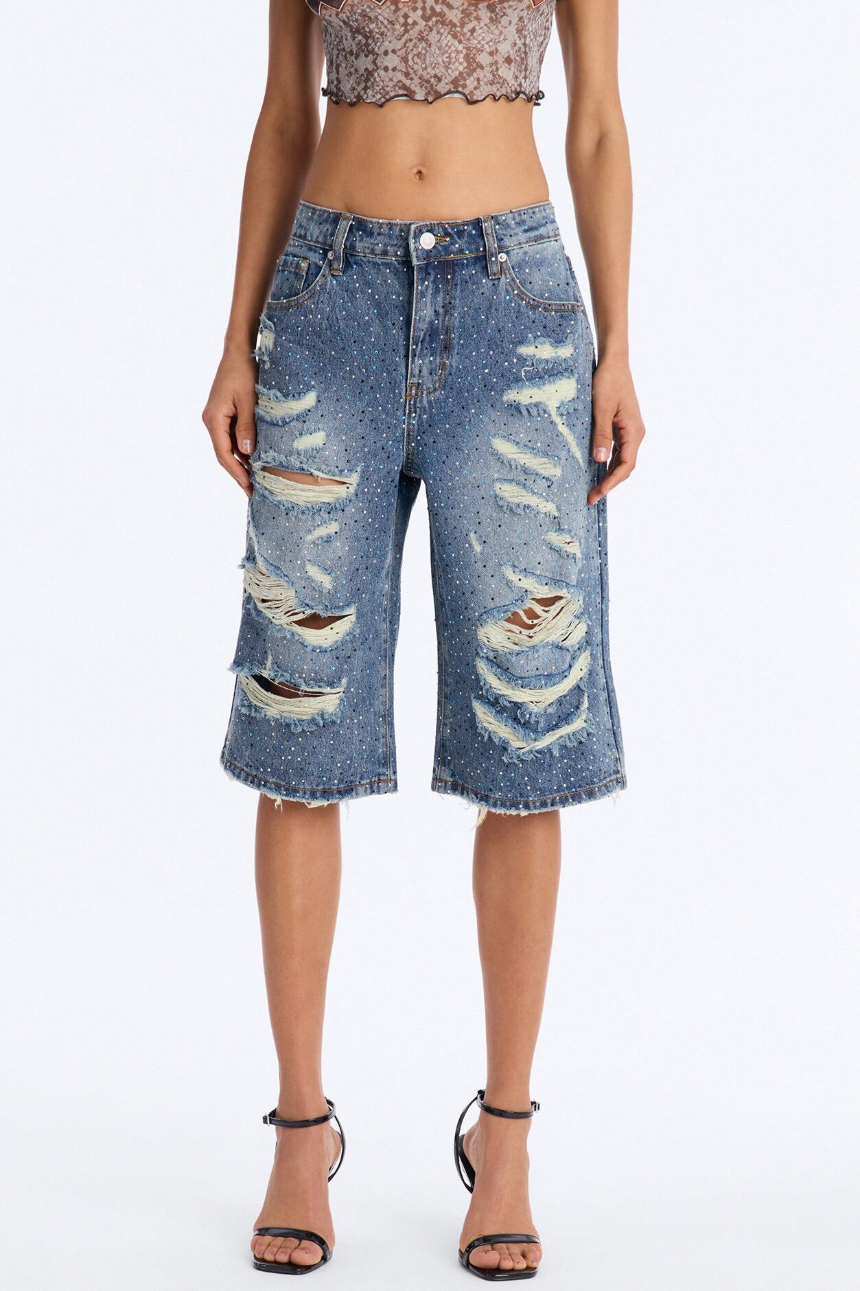 Moonlight Flicker Embellished Rhinestones Denim Jorts - Vintage Wash