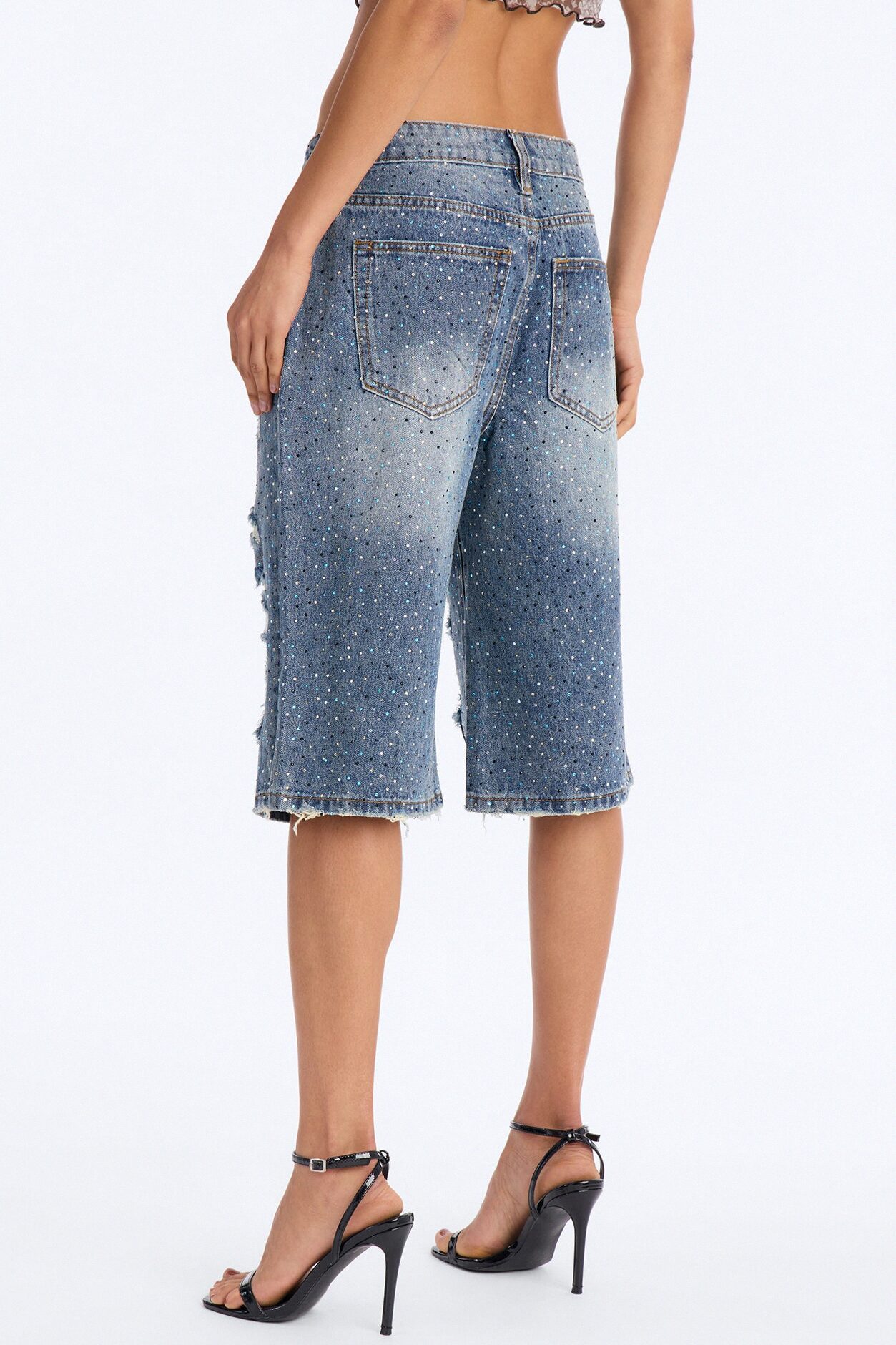 Moonlight Flicker Embellished Rhinestones Denim Jorts - Vintage Wash