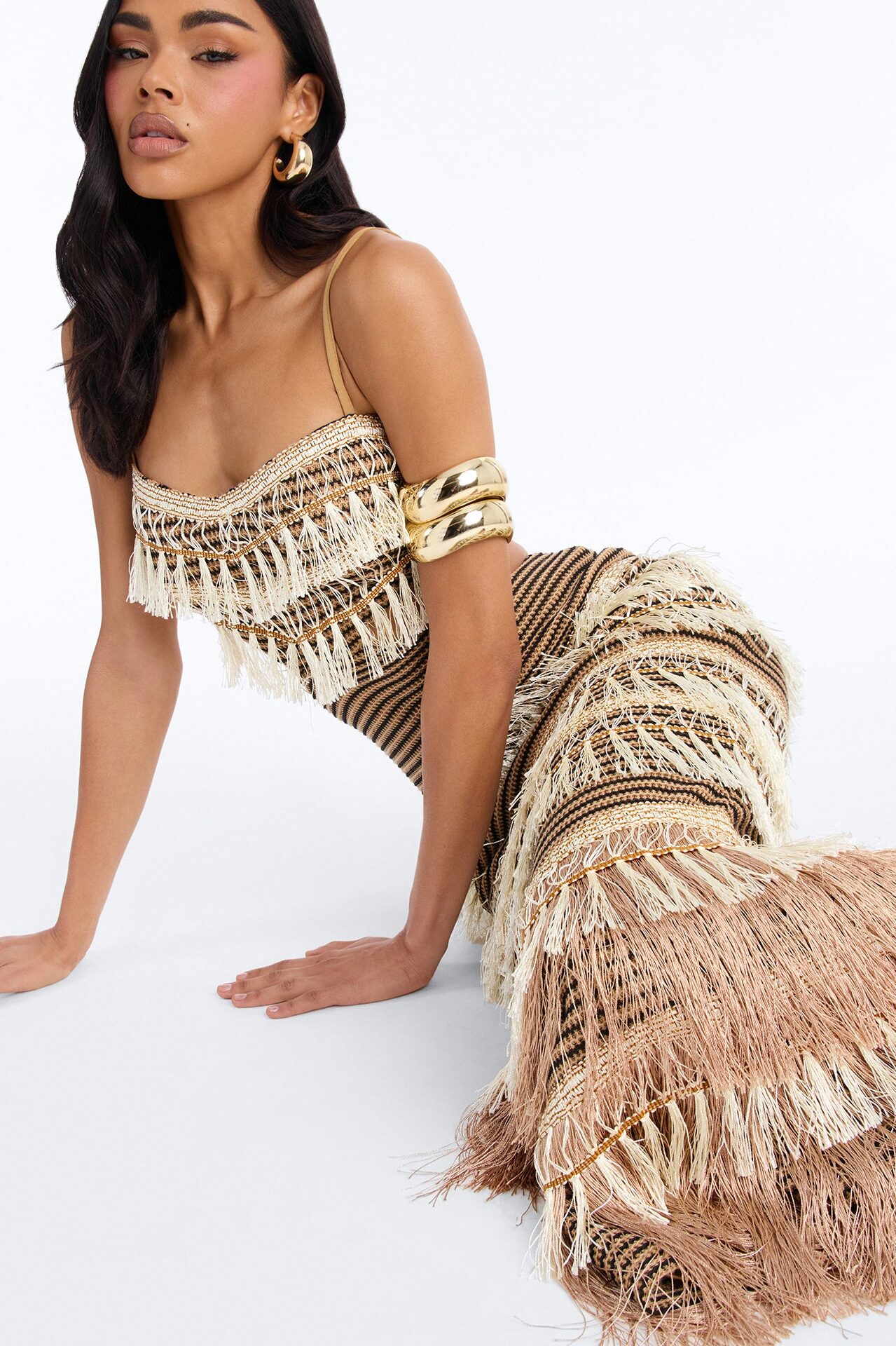 Tulum Bound Fringe Maxi Dress - Brown/combo