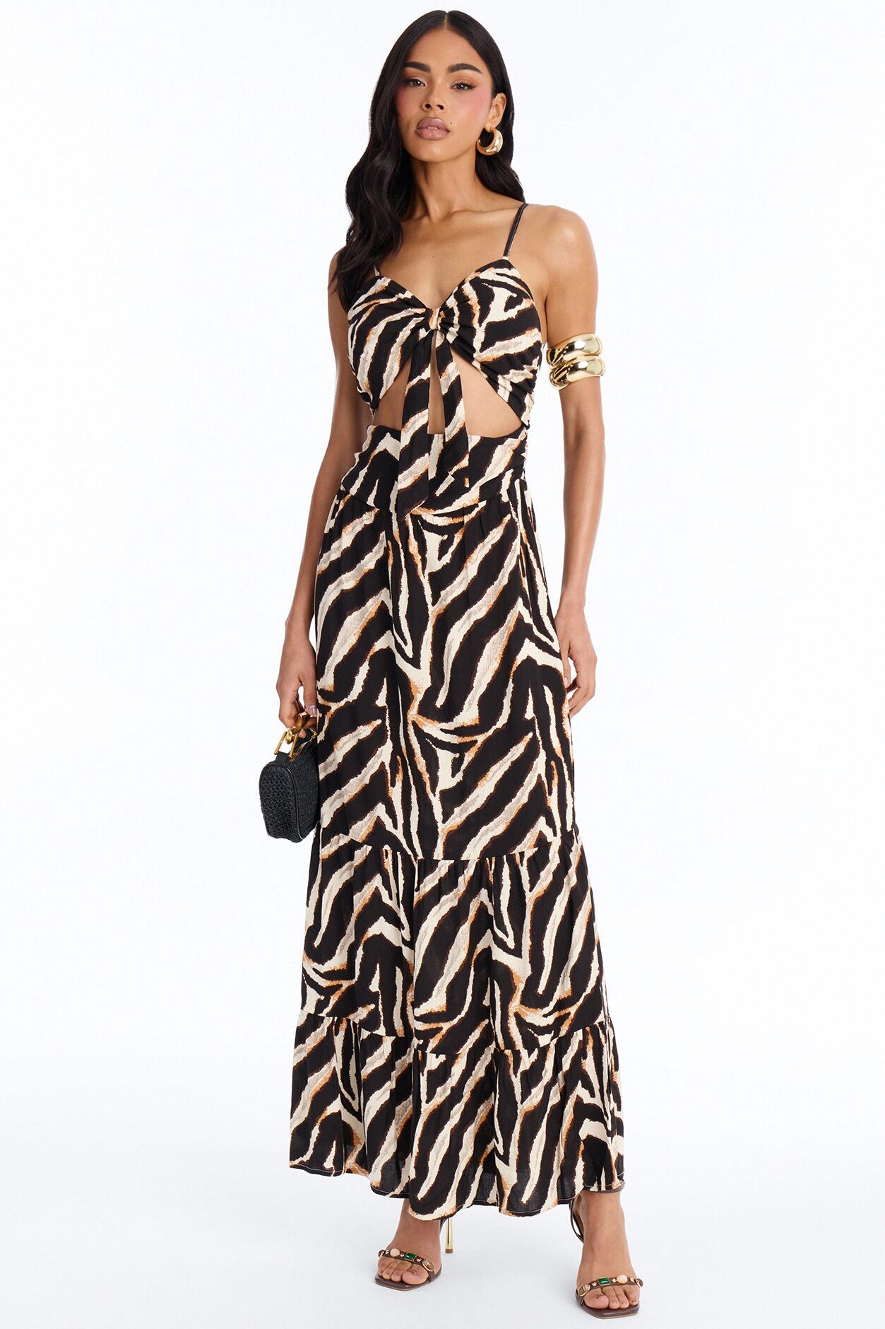 Kaylie Printed Tie Front Maxi Dress - Black/combo