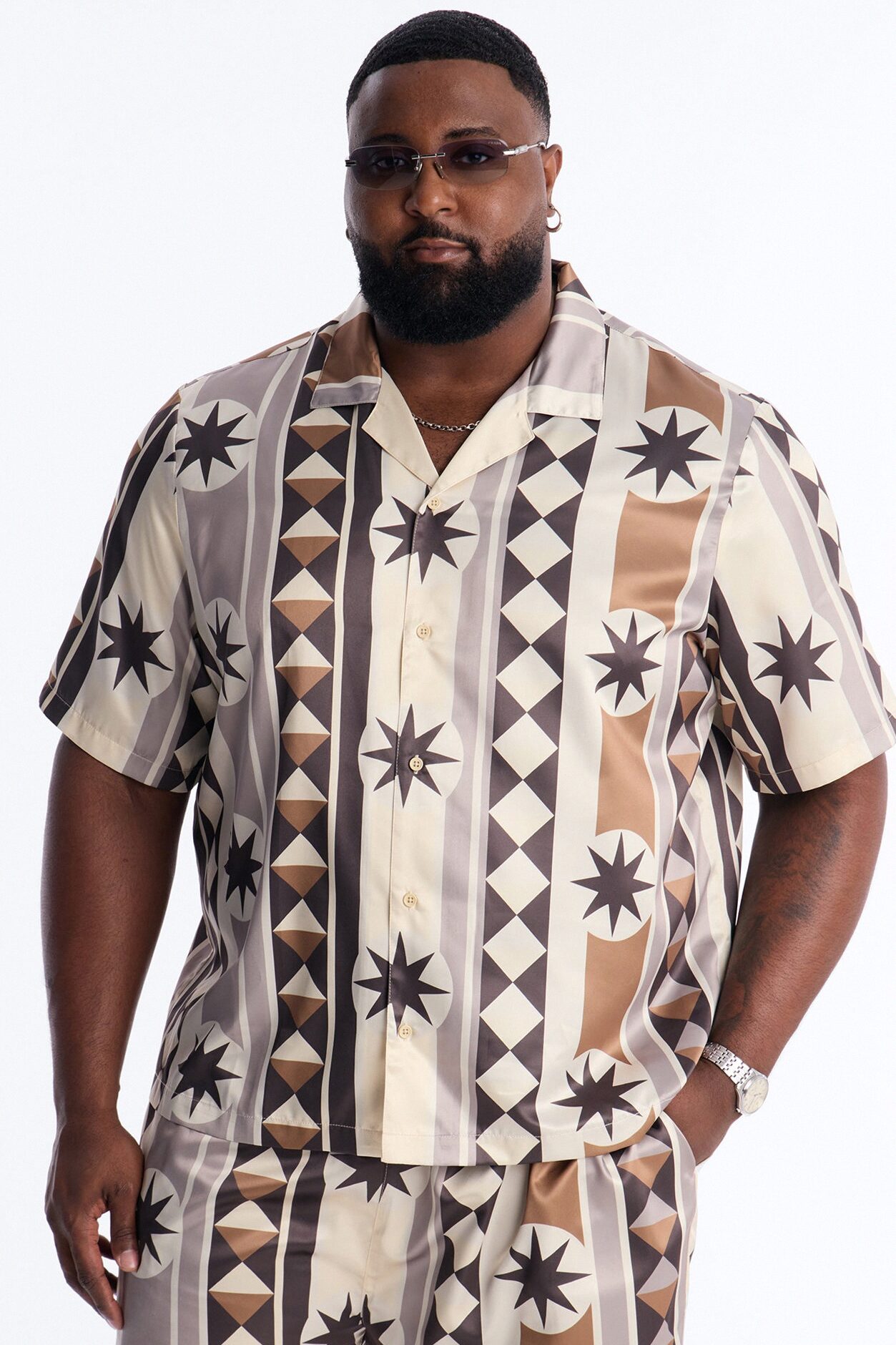 Toscana Geo Cuban Collar Shirt - Tan
