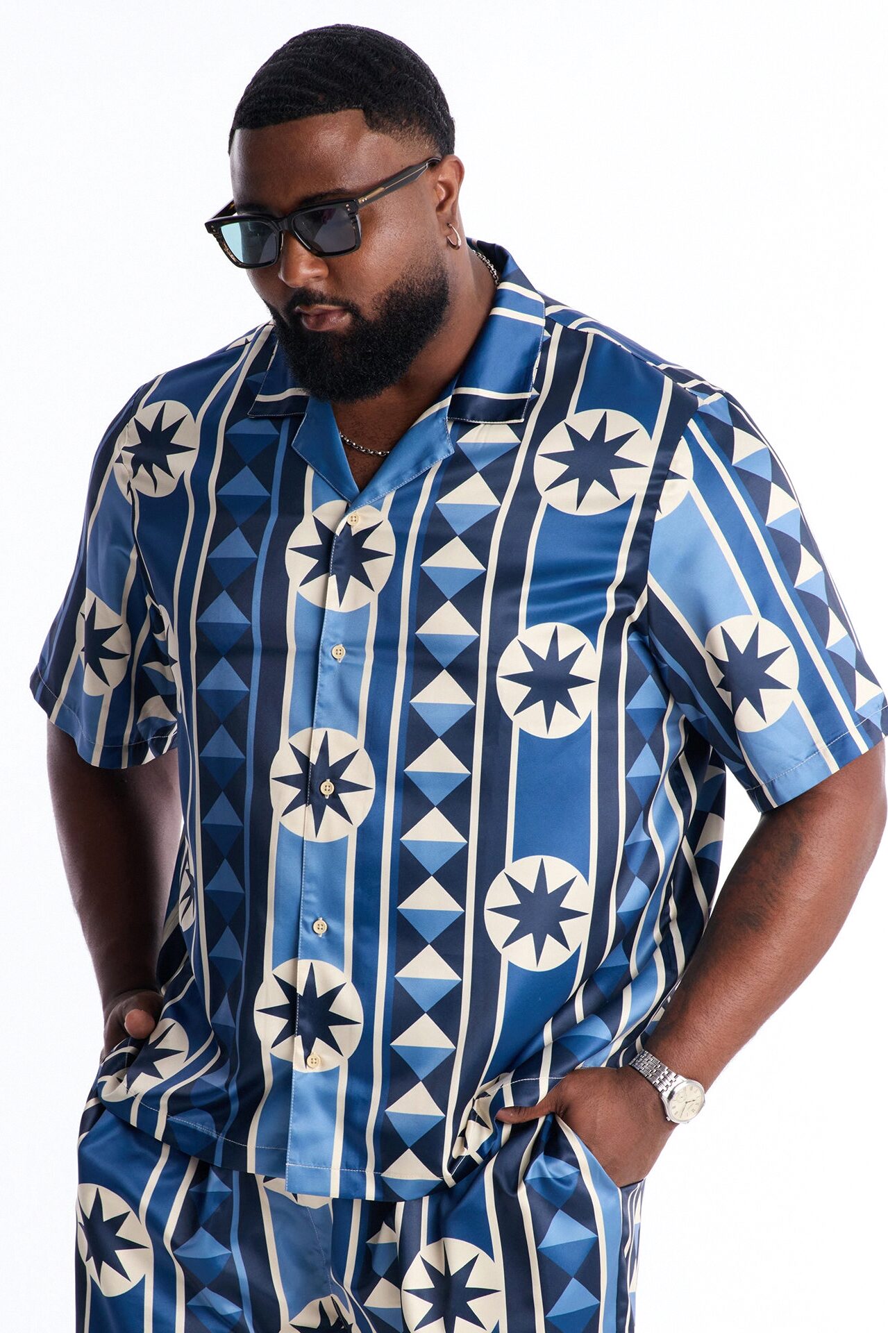 Toscana Geo Cuban Collar Shirt - Blue