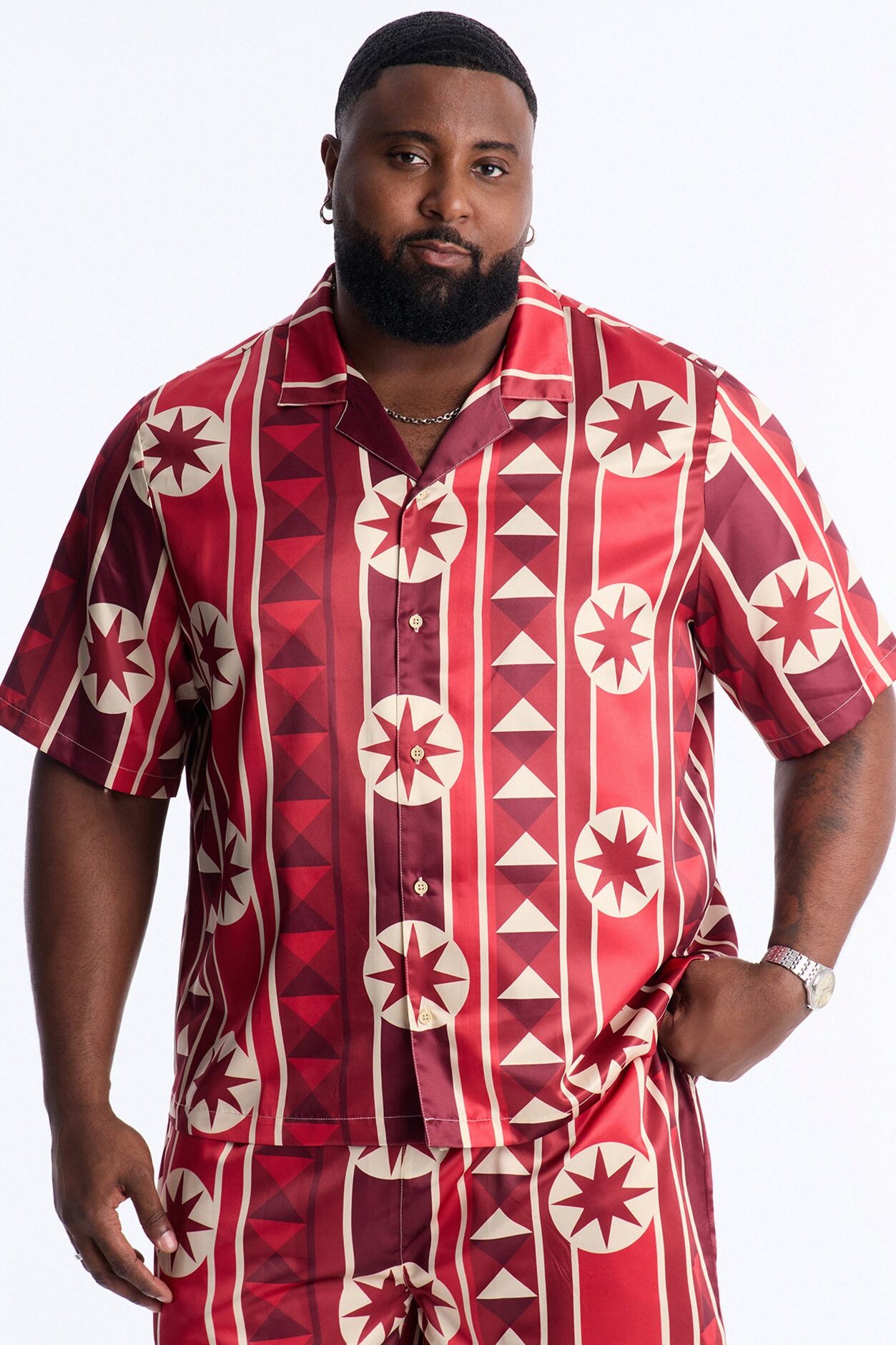 Toscana Geo Cuban Collar Shirt - Red