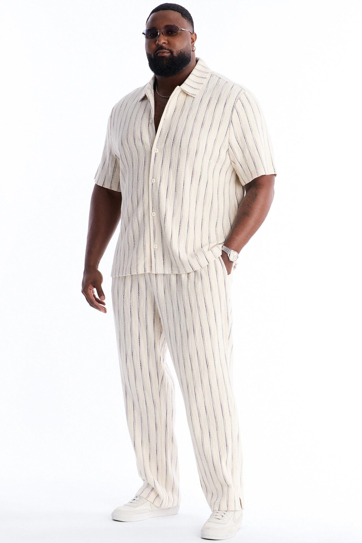 Slim Caicos Textured Stripe Slit Pant - Cream