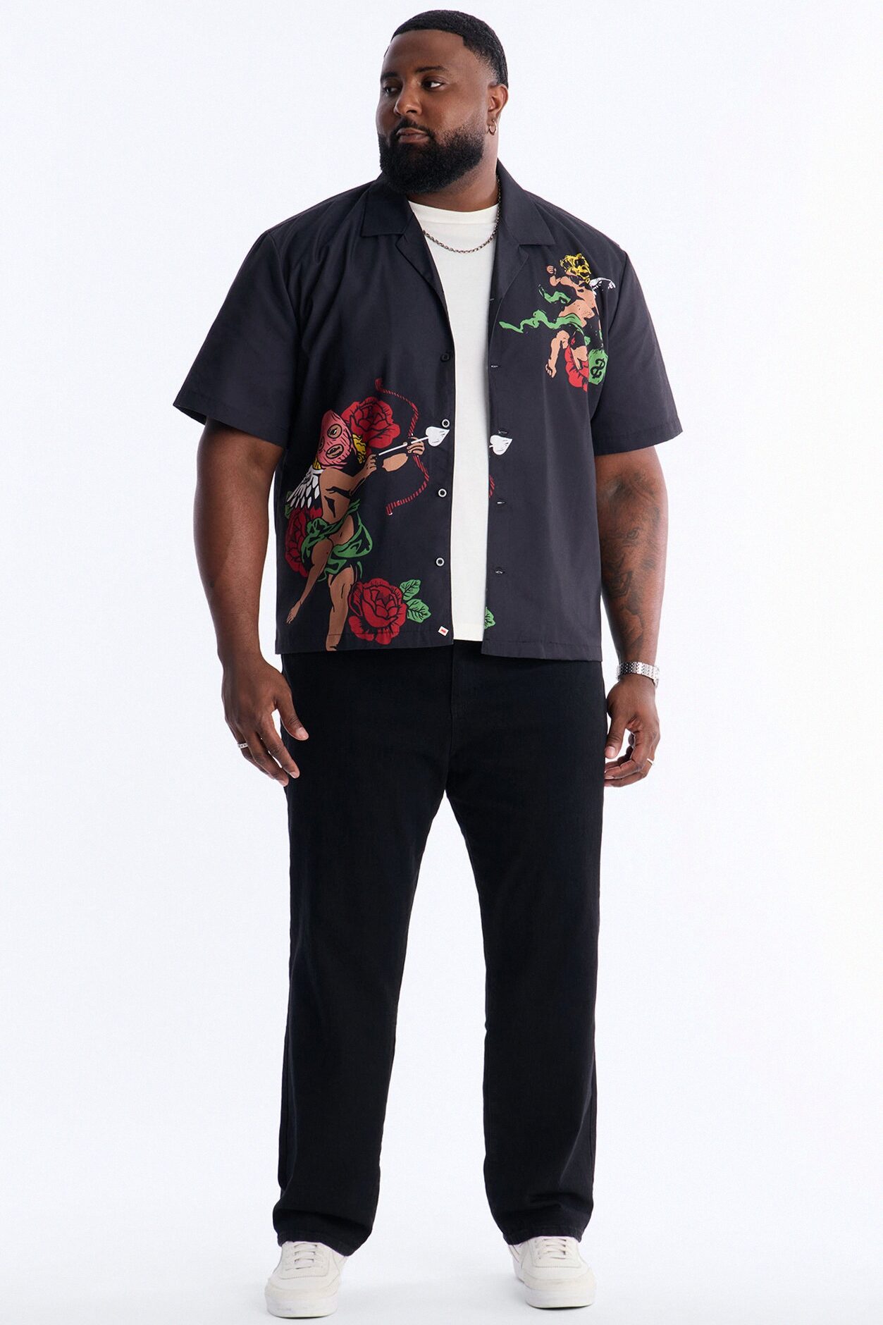 Rose Angel Street Cuban Collar Shirt - Black