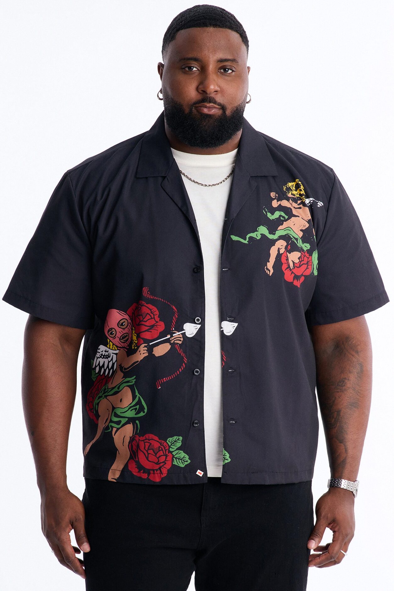 Rose Angel Street Cuban Collar Shirt - Black