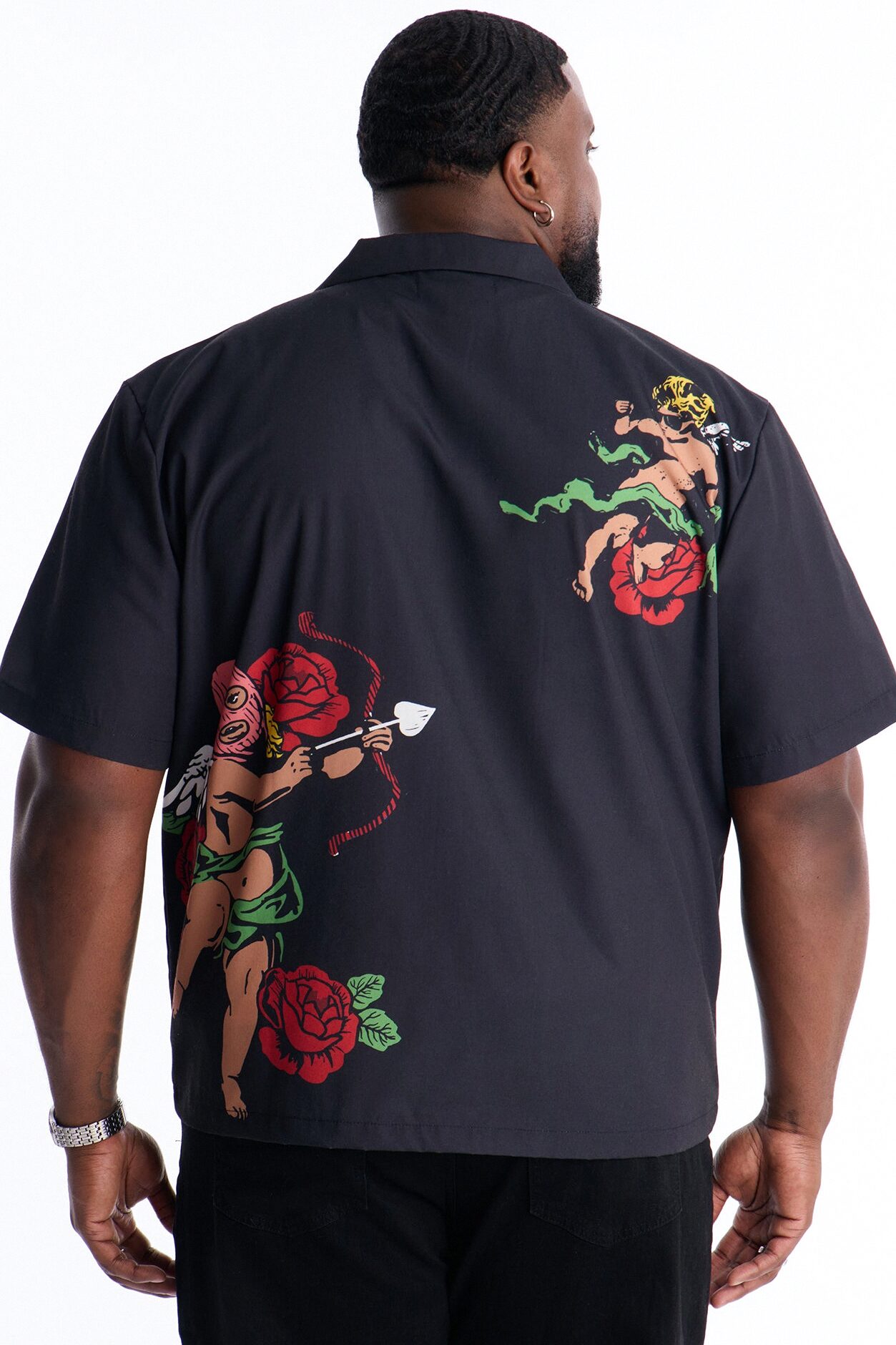 Rose Angel Street Cuban Collar Shirt - Black