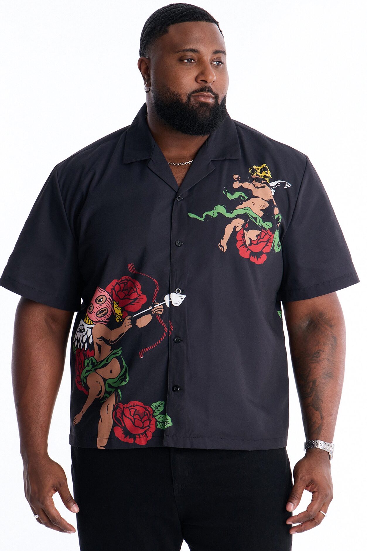 Rose Angel Street Cuban Collar Shirt - Black