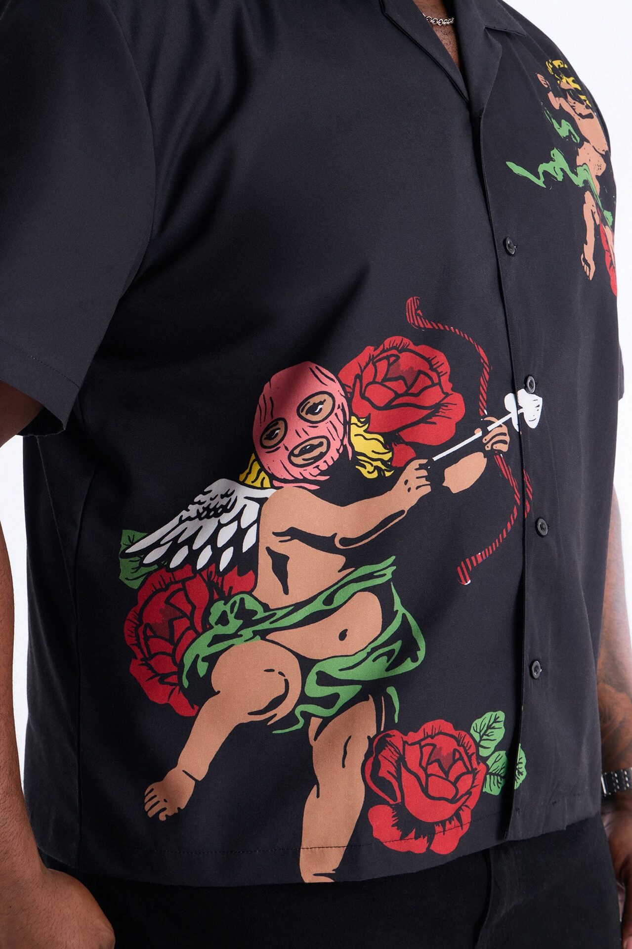 Rose Angel Street Cuban Collar Shirt - Black