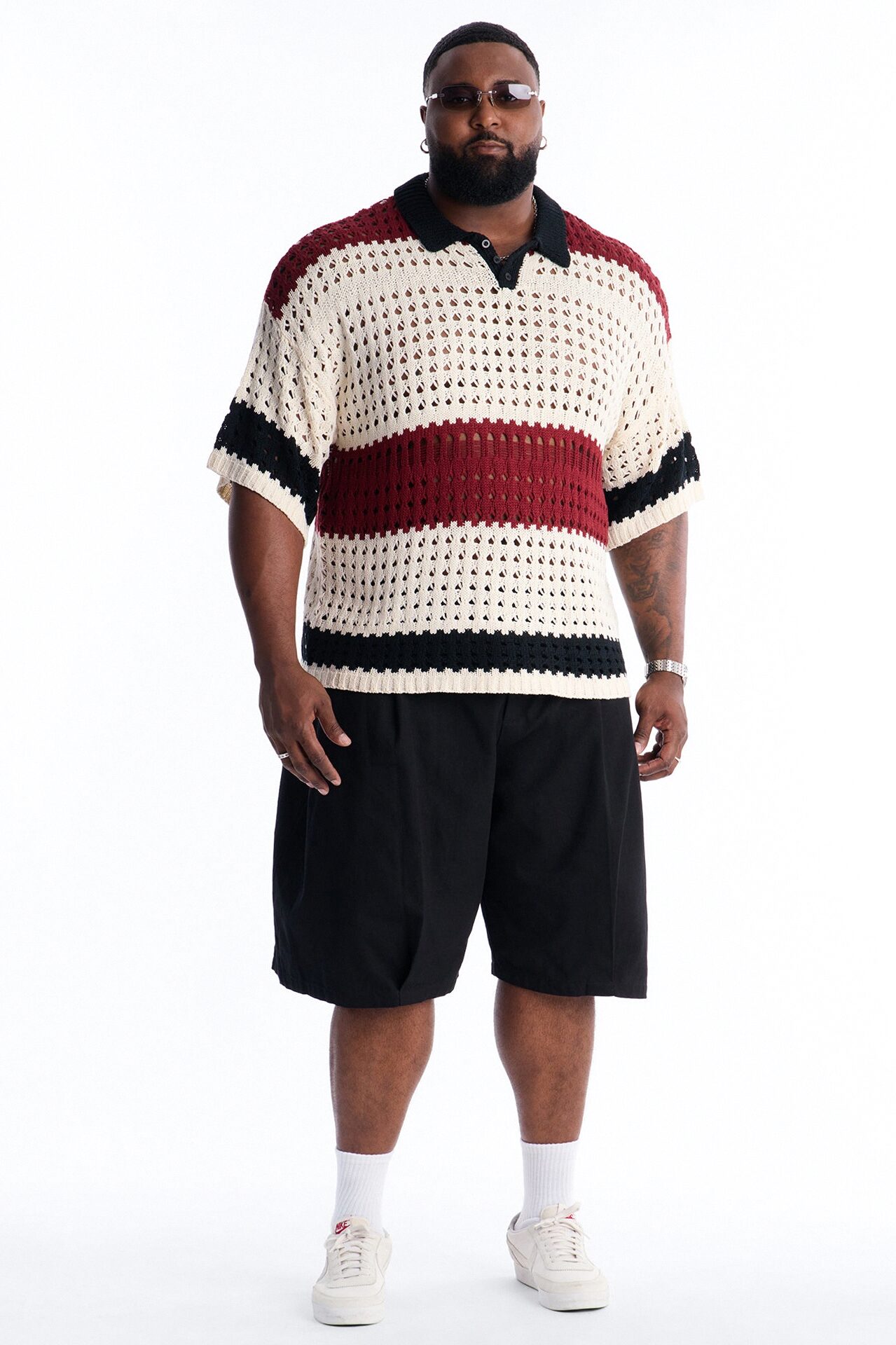 Weathered Stripe Knitted Polo - Burgundy